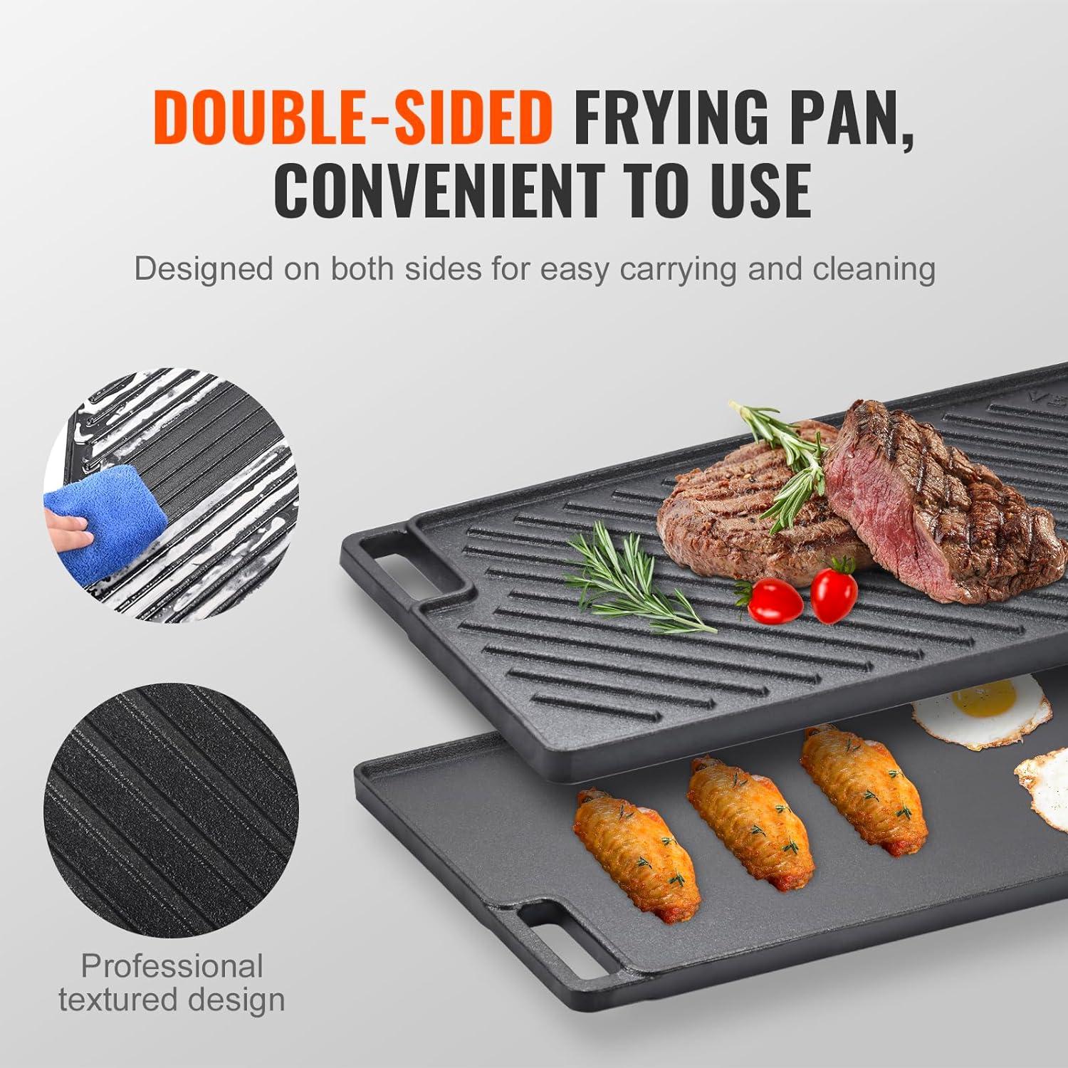 Black Cast Iron Reversible Double Burner Griddle Pan