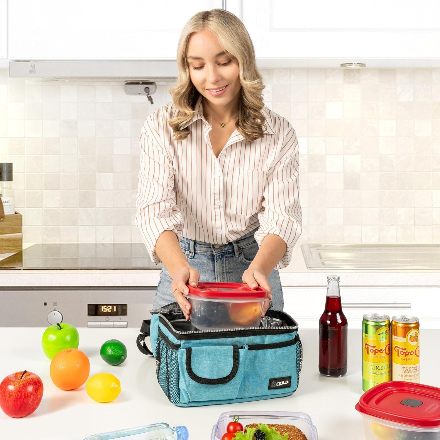 OPUX Insulated Dual Compartment Lunch Bag, Leakproof Soft Cooler Box Women Men Adult, Reusable Tote Pail Kids Boys Girls School (Heather Sea Blue)