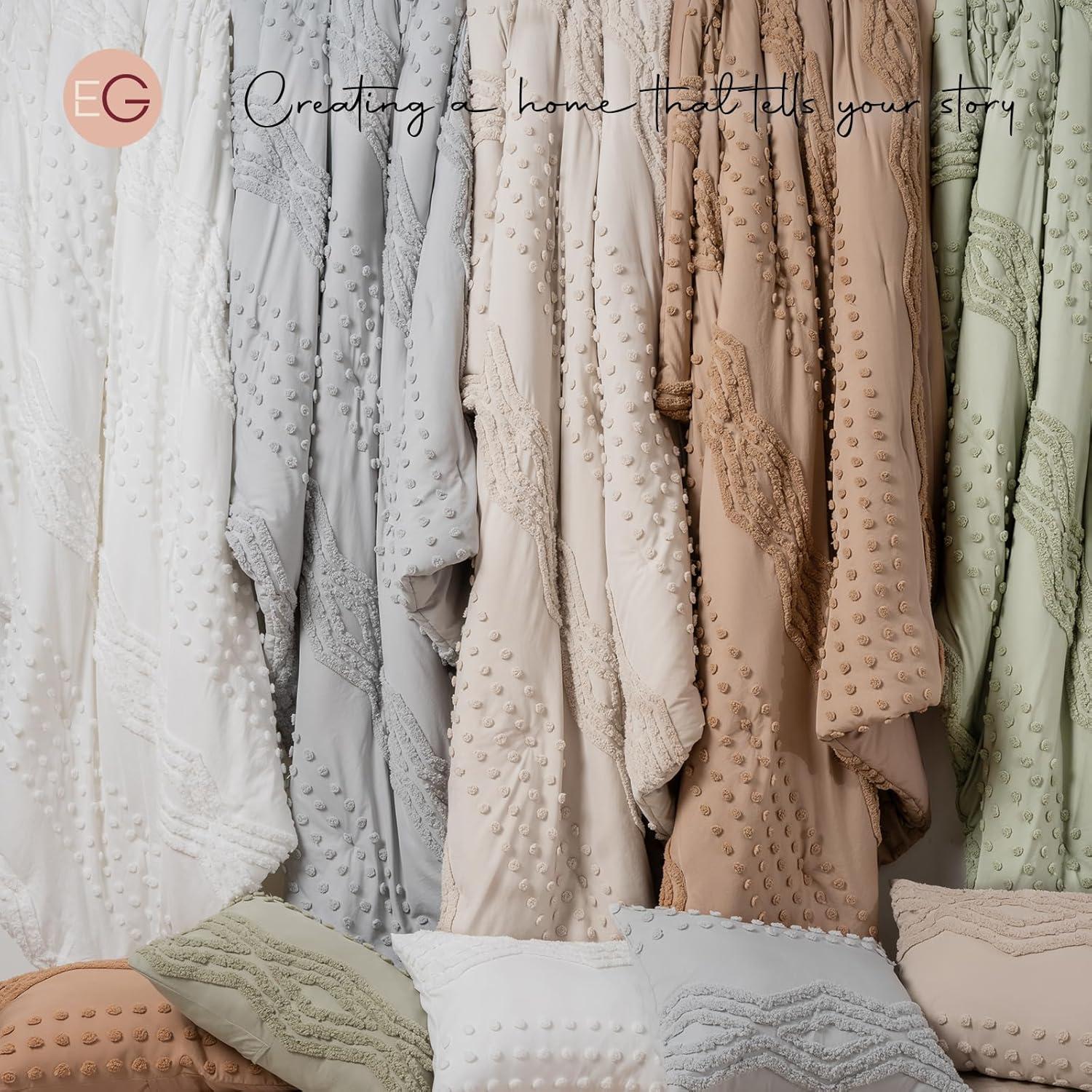 EVERGRACE King Size Comforter Set 7 Pieces Bed in a Bag for College Dorm, White Tufted Shabby Chic Boho Comforter and Sheet Set with Pom Pom Textured, Soft Fluffy Farmhouse Complete Bedding Set