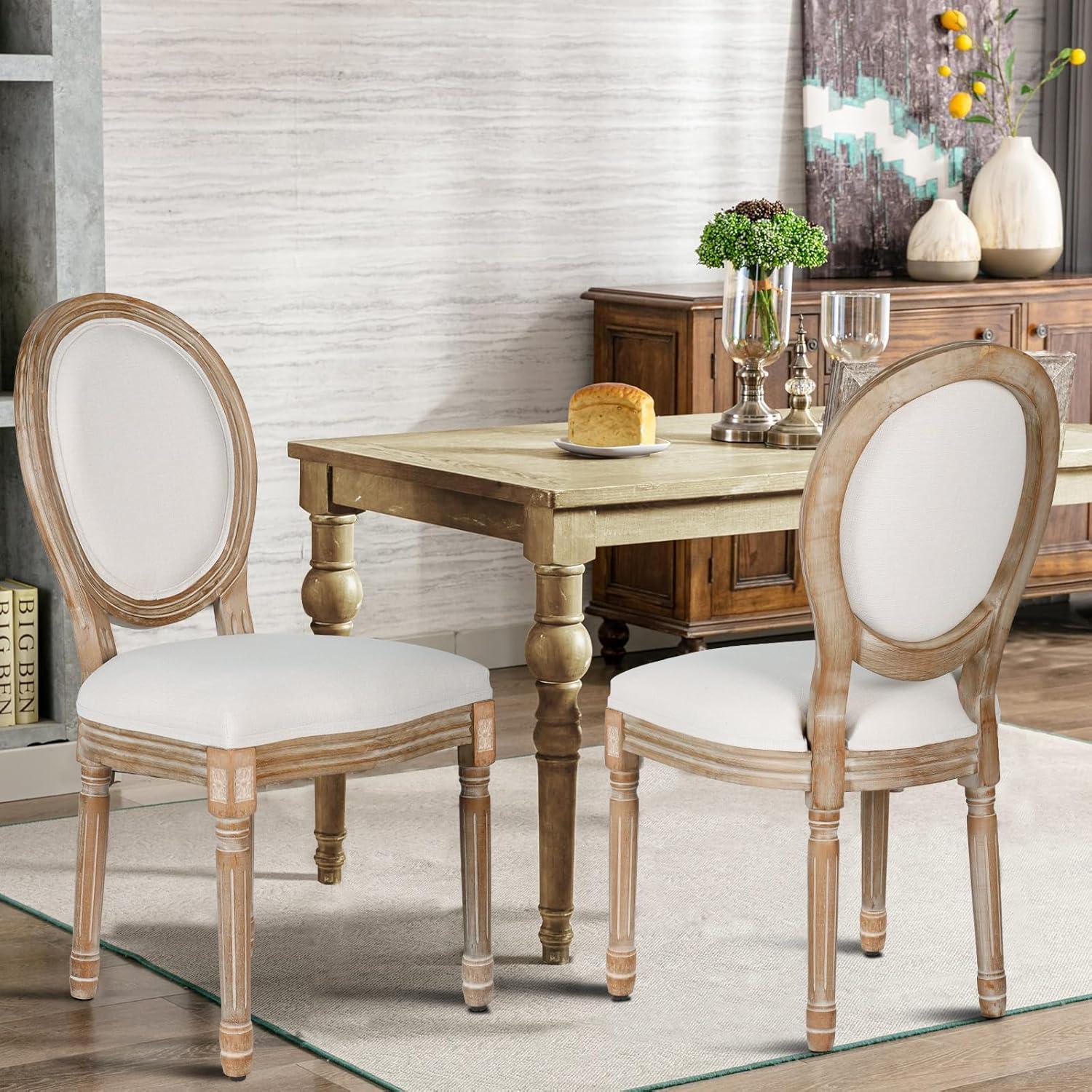 French Country Dining Chairs Set of 4, Cream Kitchen & Dining Room Chairs Set of 4, Ivory Linen Upholstered Dining Chairs, Wood Legs, Sillas De Comedor (Fabric, Beige, 4Pcs)