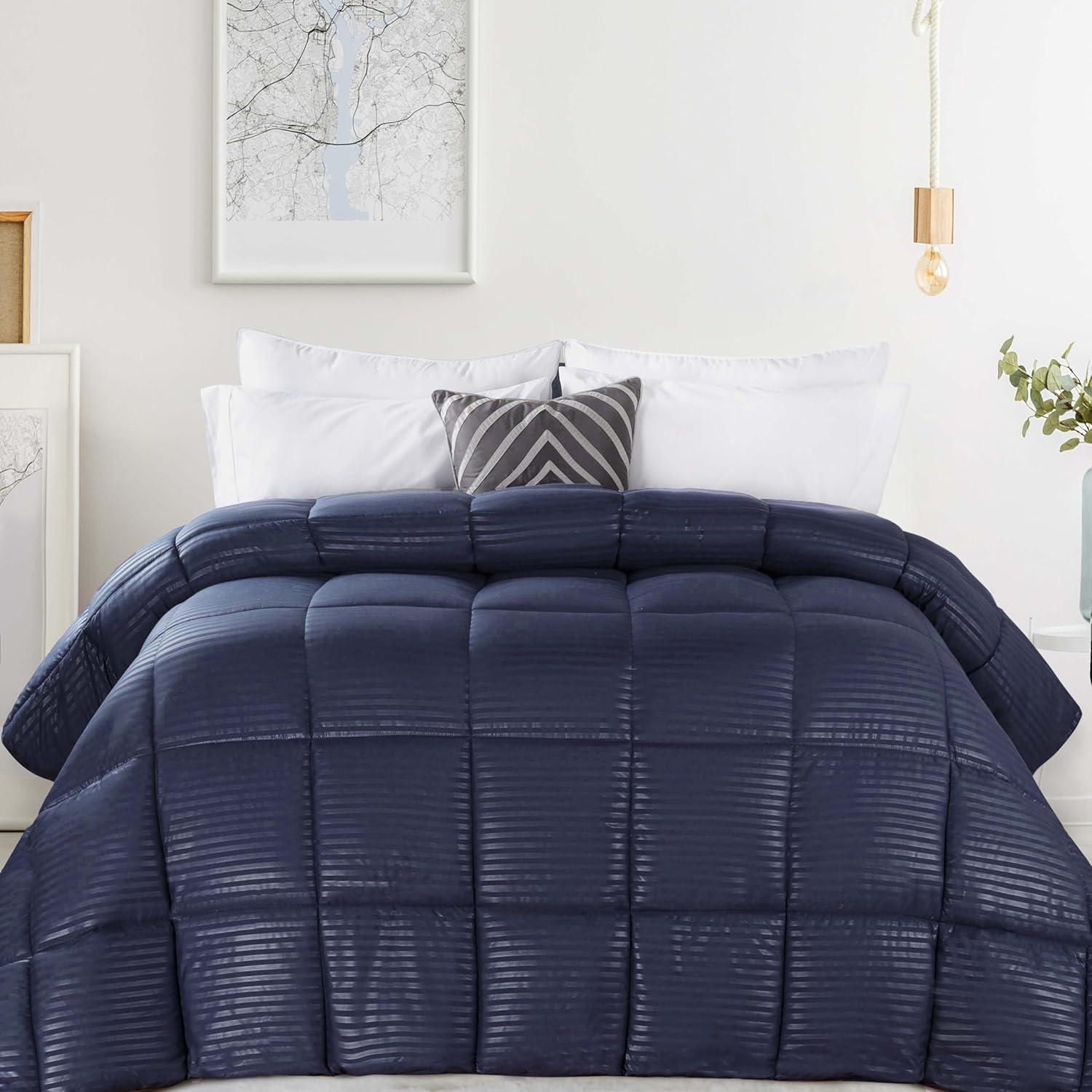 Navy Blue Striped Microfiber King Comforter with Box Quilt Design