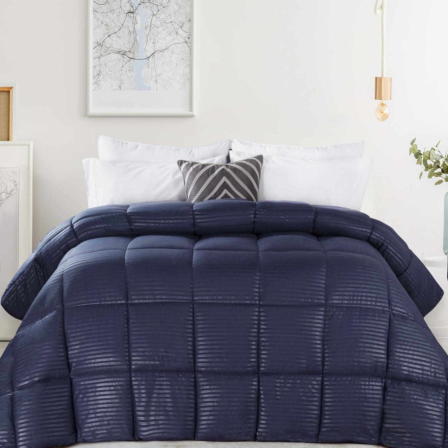 Superior Striped Reversible Box-Quilt Brushed Microfiber Medium Weight Down Alternative Comforter