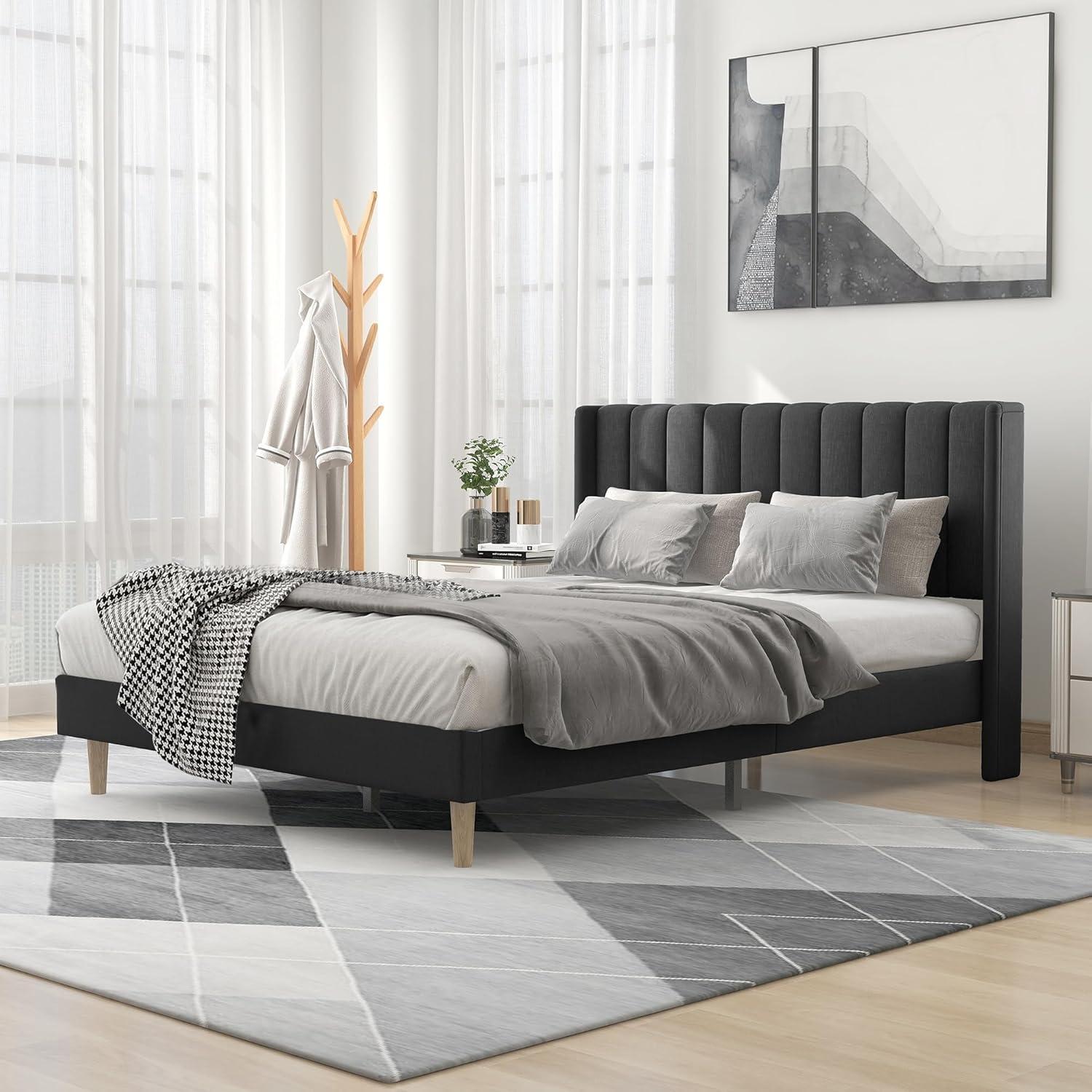 Alazyhome  Upholstered Platform Bed Frame No White Linen Queen