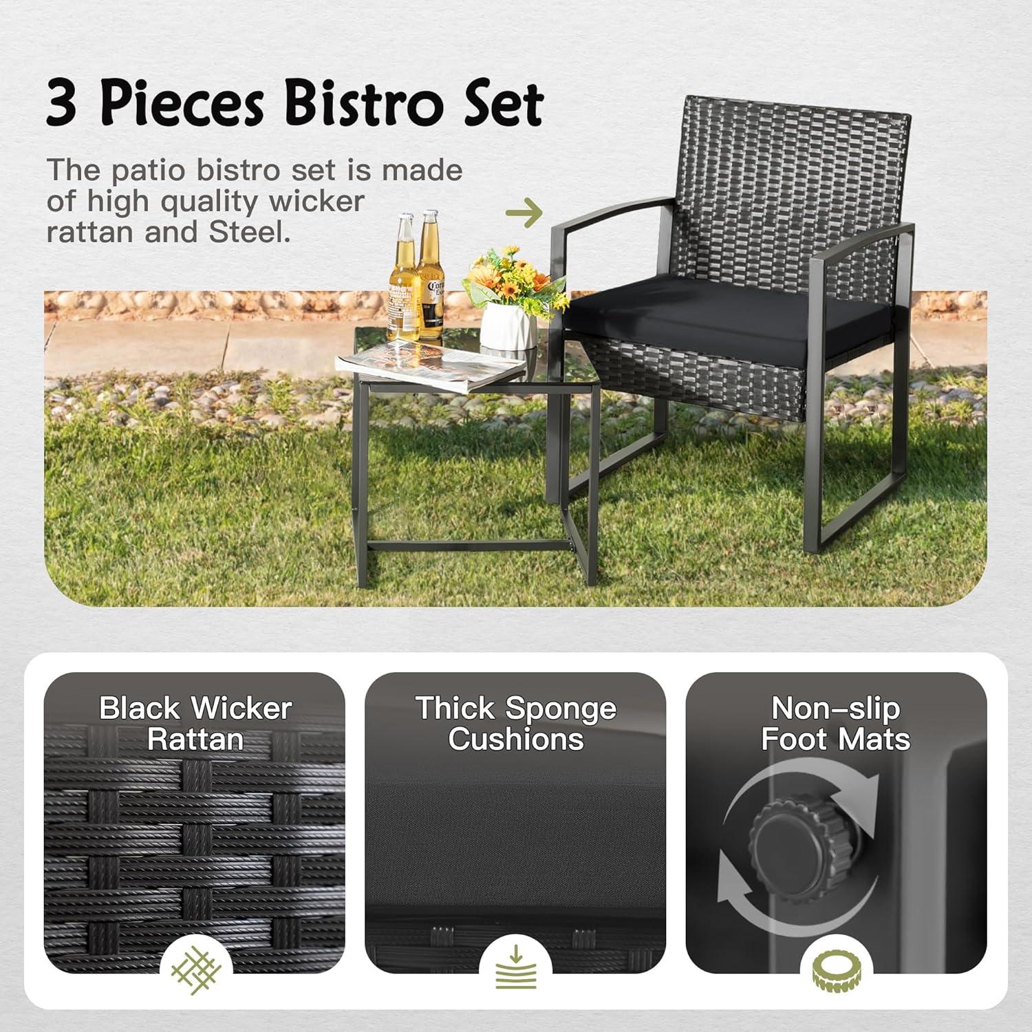 Black Wicker and Steel Outdoor Patio Set with Glass Table