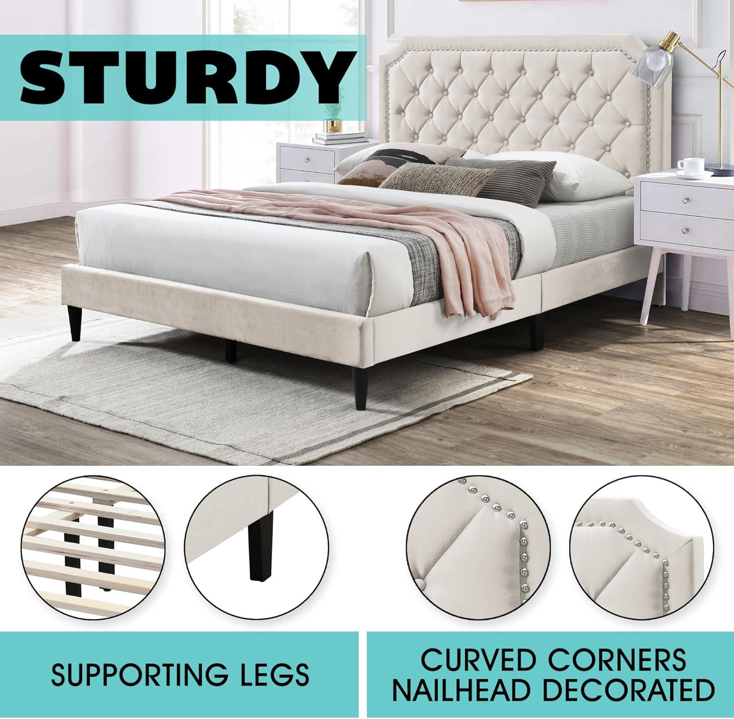 Urban Home Furniture Ava Plush Velvet Tufted Buttoned Upholstered Headboard Clipped Edge Nailhead Decorated Platform Bed Frame with Wood Slats Support Legs Full - Beige