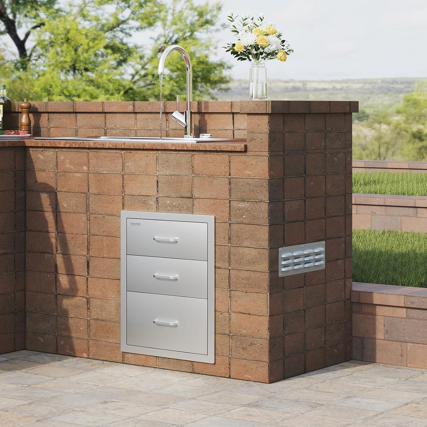 18x23 Inch Outdoor Kitchen Stainless Steel Triple Access BBQ Drawers with Chrome Handle, 18 x23 x 23 Inch 18 x 23 x 23 inch