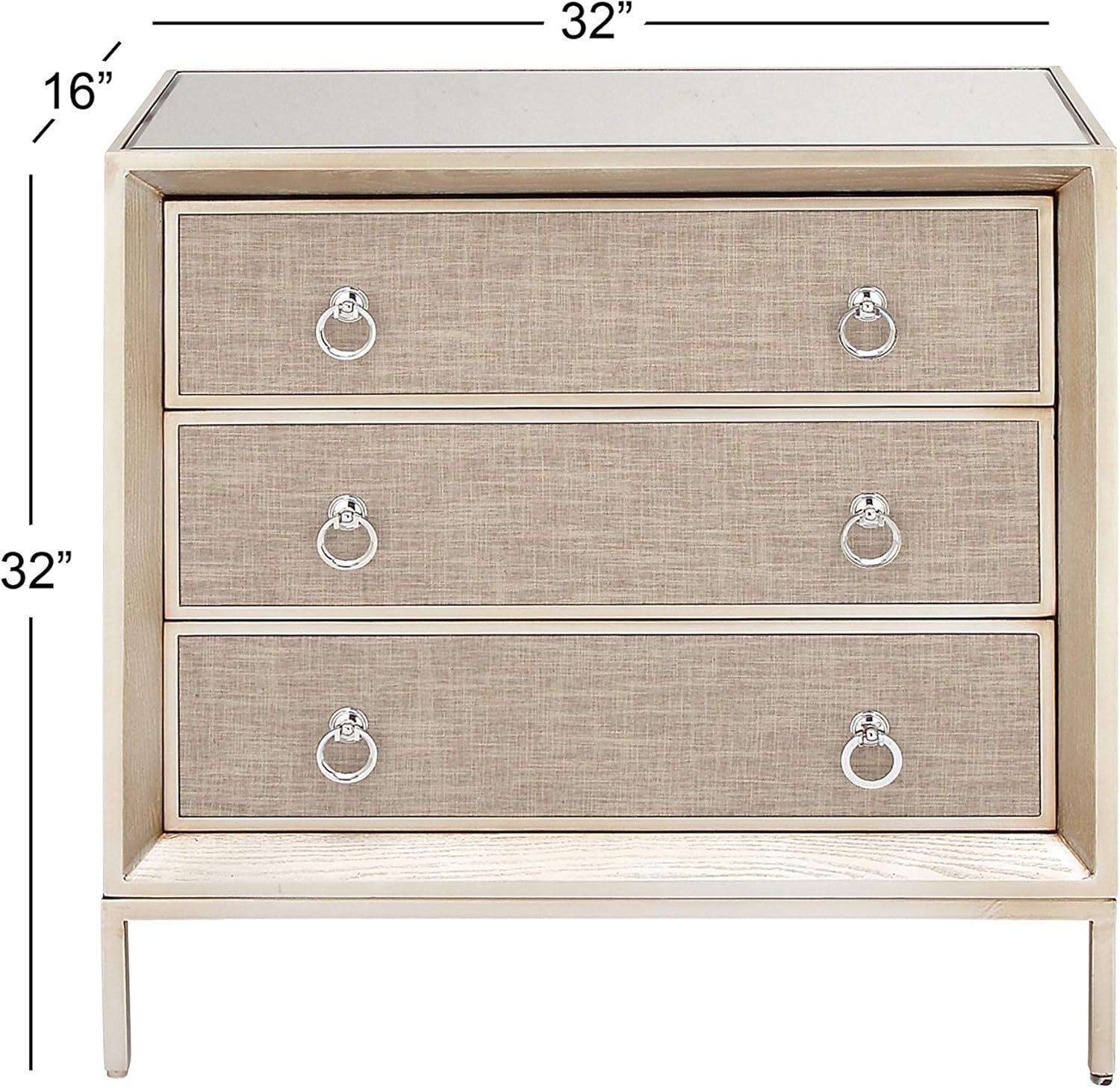 Imboden Wooden Upholstered Front Panel 3 Drawer Room Chest with Mirrored Top and Ring Handles