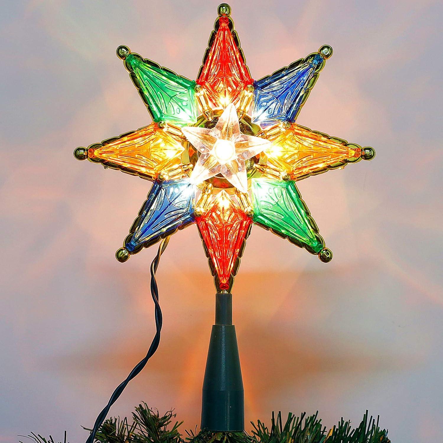 Twinkle Star Lighted Christmas Tree Topper, Colorful 8-Point Star Xmas Star Treetop with 10 Incandescent Lights, Holiday Christmas Tree Decorations