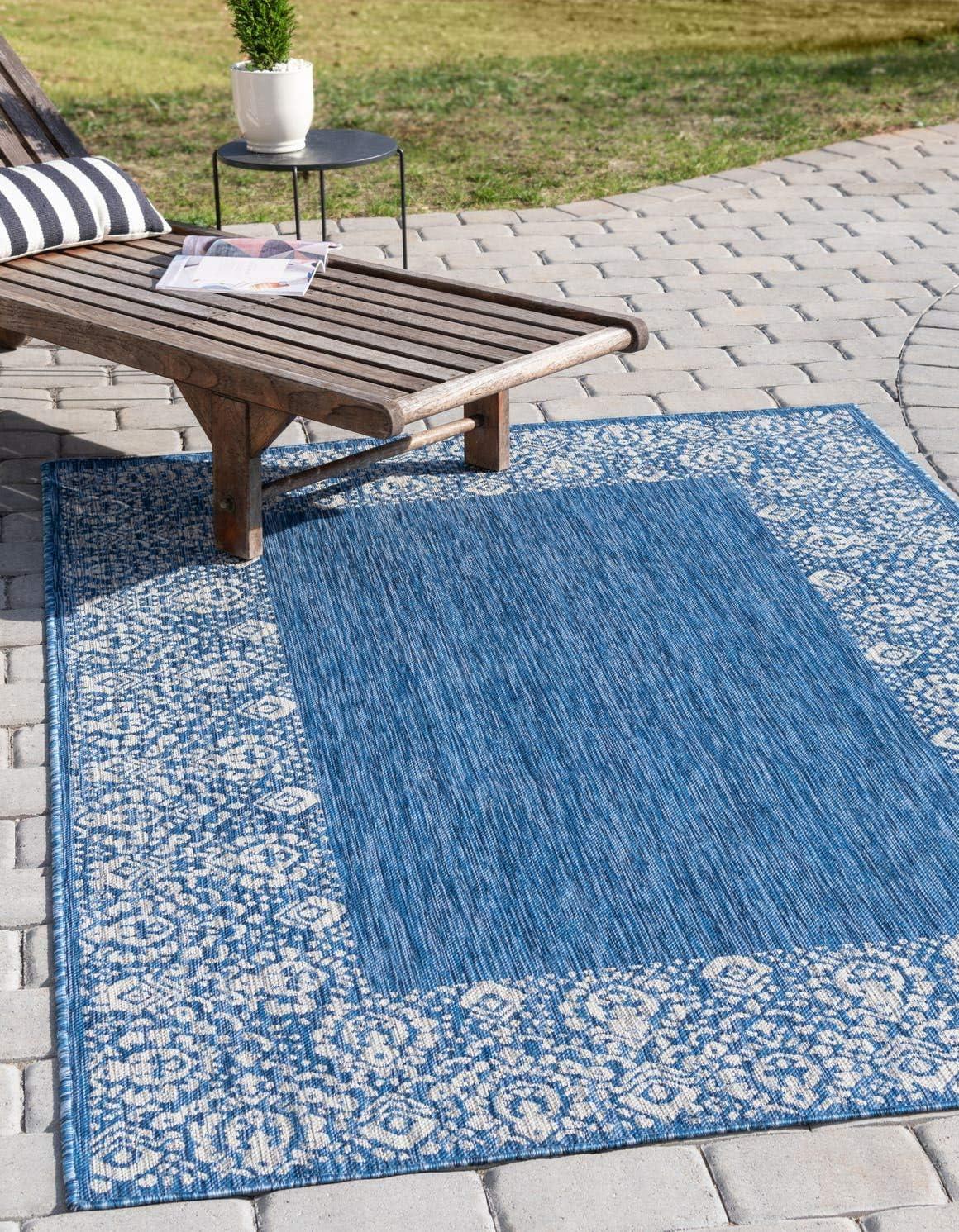 Unique Loom Outdoor Border Collection Area Rug - Floral Border (5' 1" x 8' Rectangle Blue/Ivory)