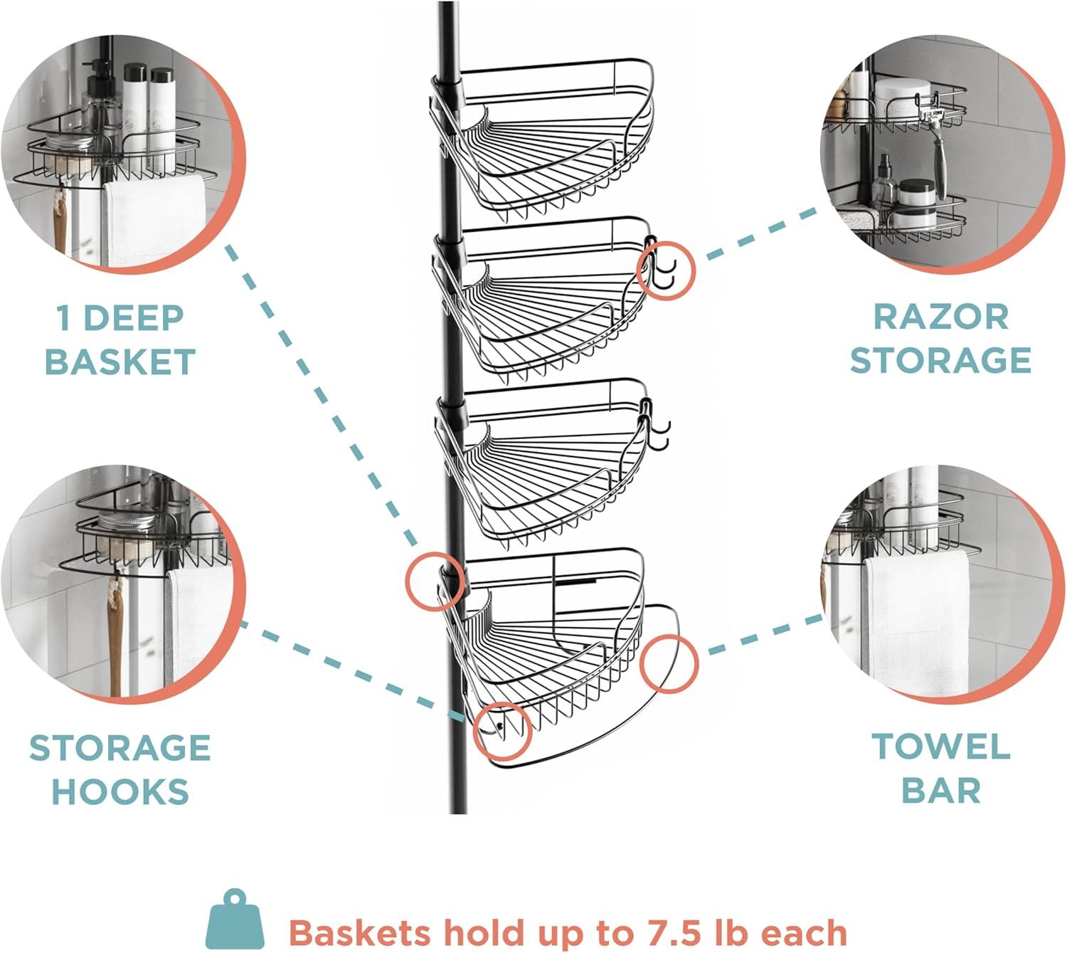 Matte Black Adjustable Tension Pole Shower Caddy with 4 Shelves