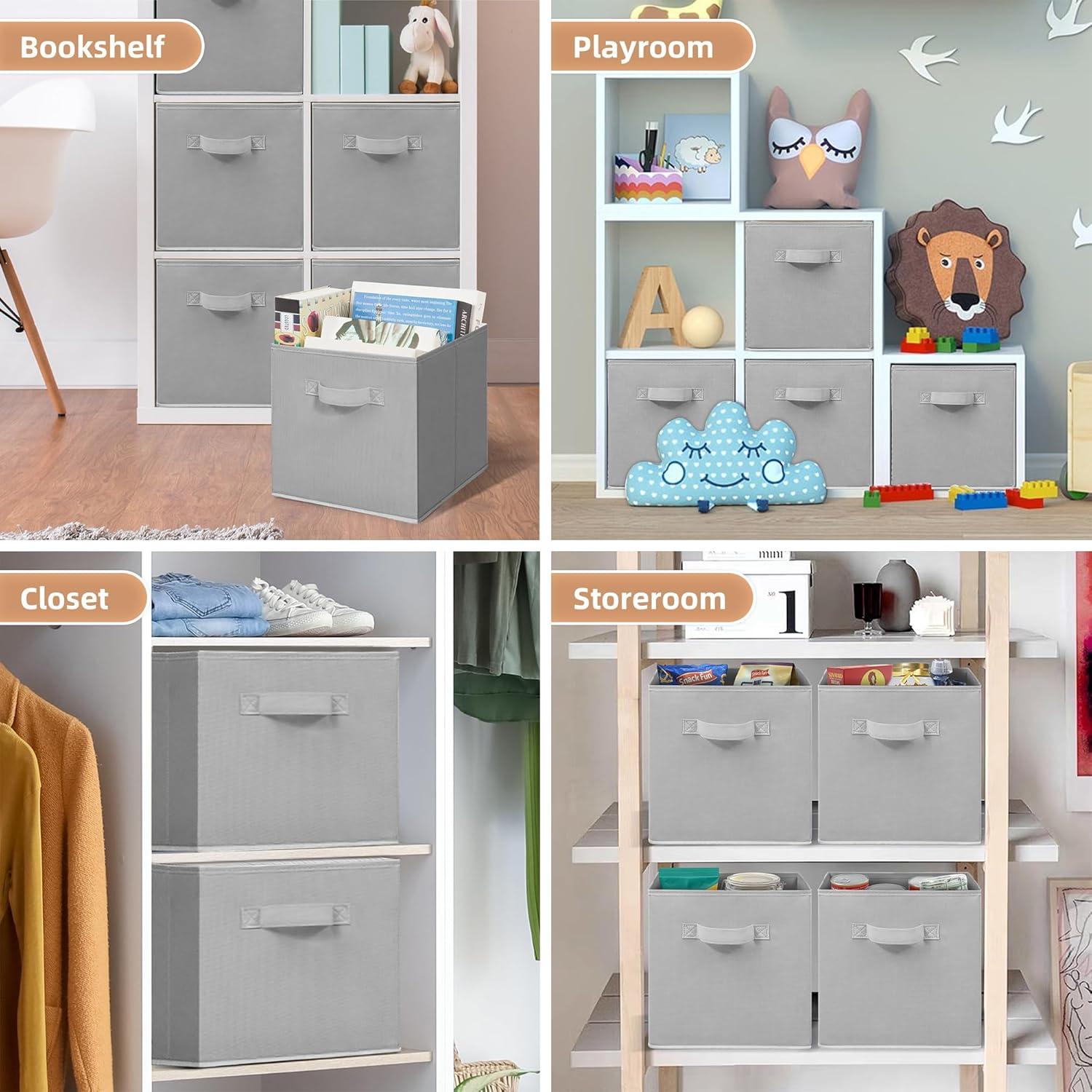 11 Inch Fabric Storage Cubes with Dual Handles, Collapsible Cube Bins for Shelves (10 Pack), Foldable Baskets for Clothes, Closet Organizers and Storage Box (Grey)