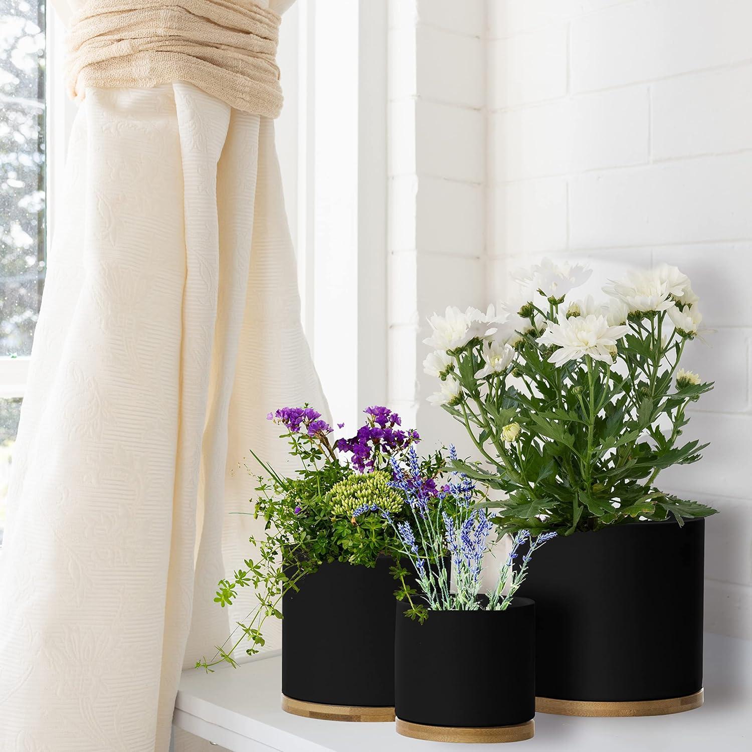 Olly & Rose Black Set 3 Ceramic Plant Pots with Bamboo Coasters Indoor Planters with Saucers