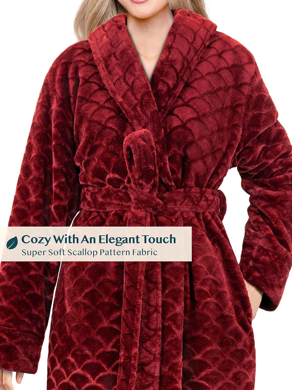 PAVILIA Short Robes for Women, Plush Soft Bathrobe Womens Lightweight, Fluffy Fuzzy Robe Knee Length, Shower Spa (Dark Red, Large-X-Large)
