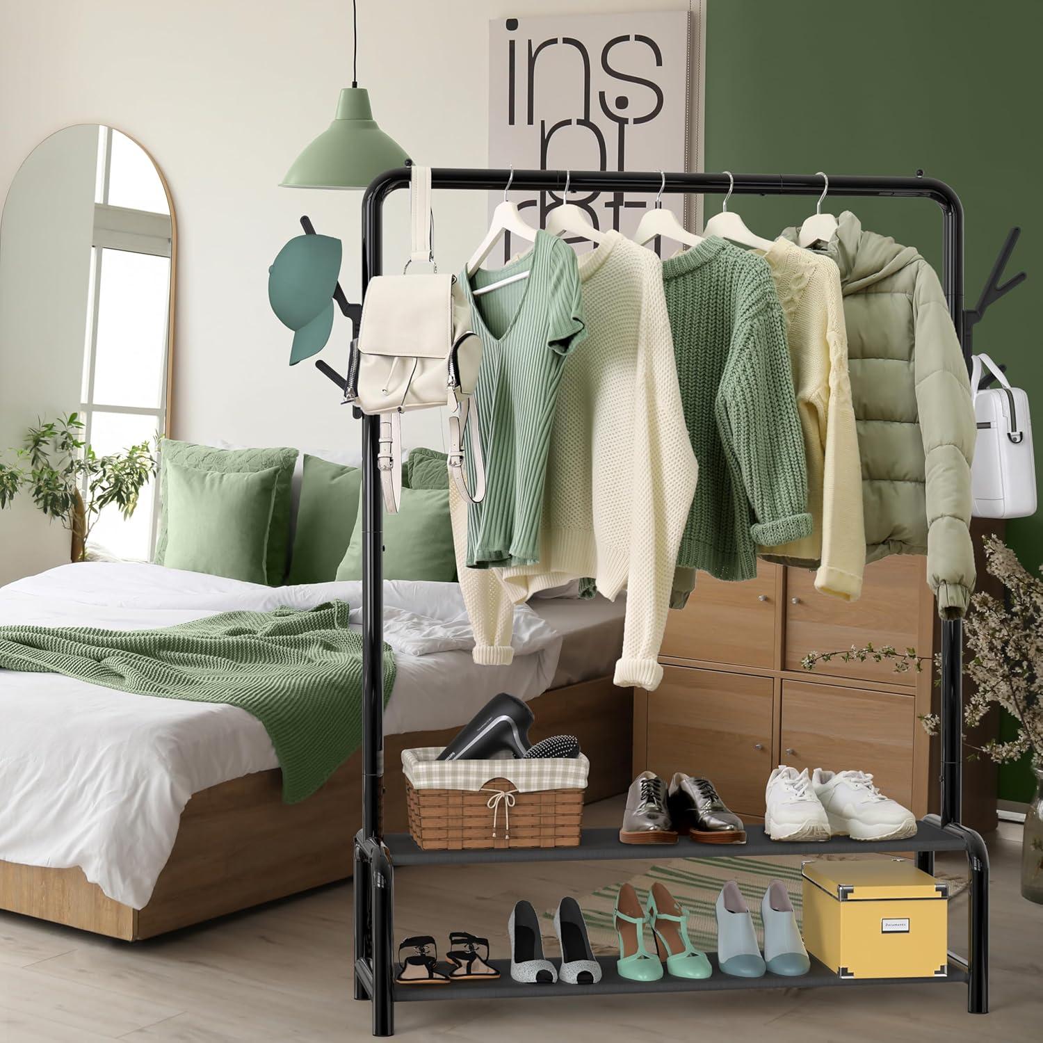 Simple Houseware 52-Inch Freestanding Closet Garment Rack with Storage Shelves and Coat/Hat Hooks, Black