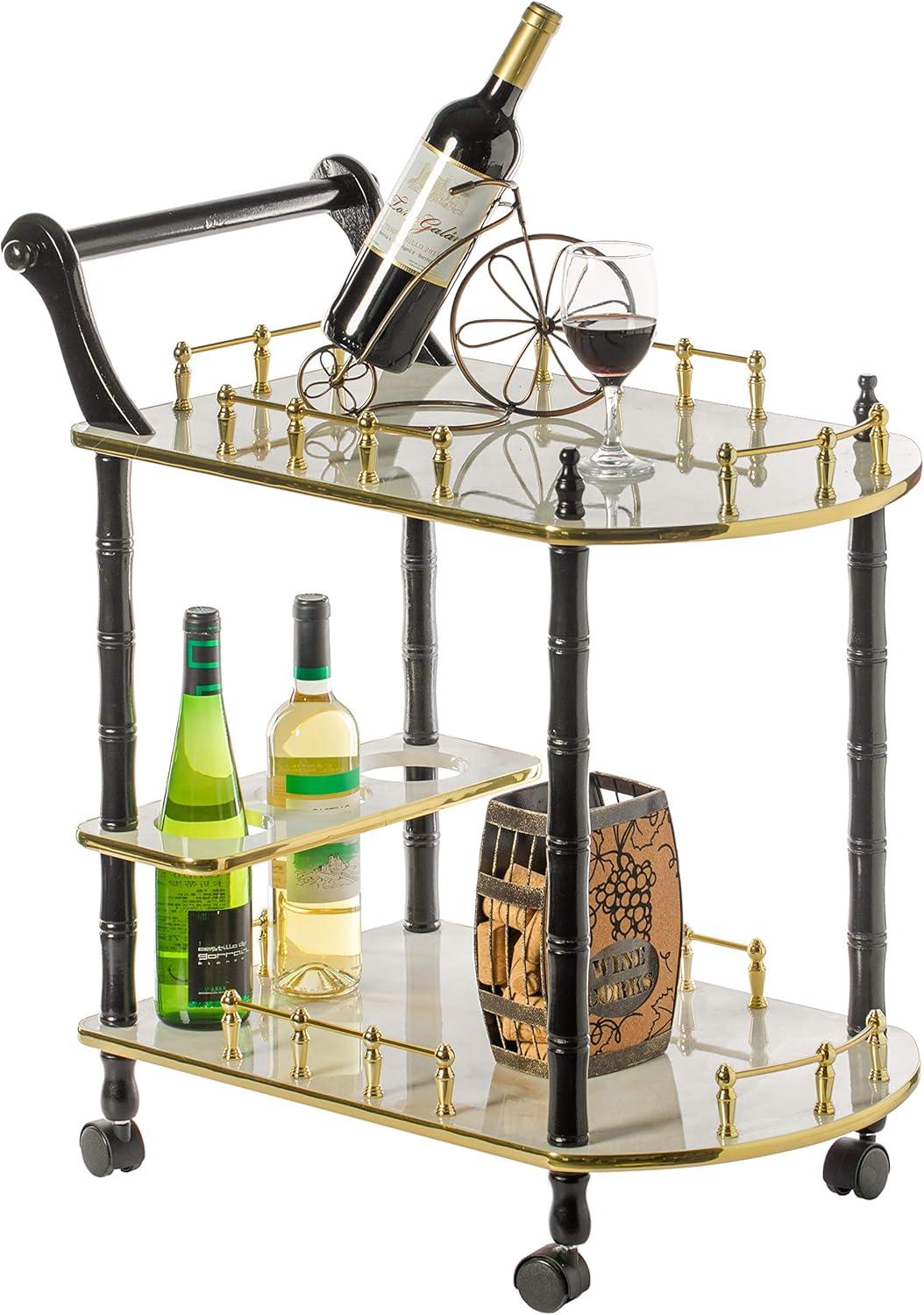 Fabulae White Wood Serving Bar Cart with Wine Rack and Rolling Wheels