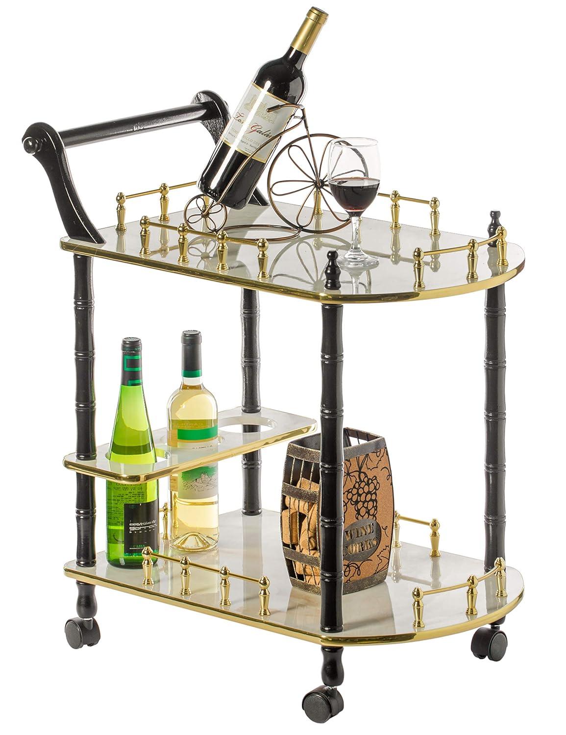 Wood Serving Bar Cart Tea Trolley with 2 Tier Shelves and Rolling Wheels