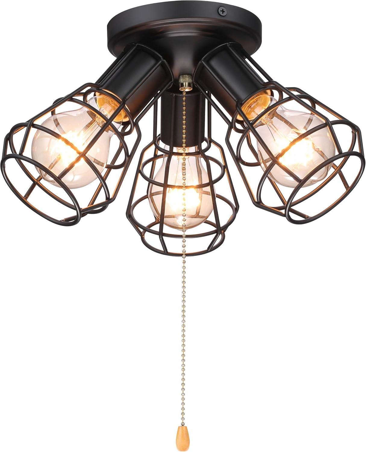 Industrial Flush Mount Ceiling Light, 15" Black 3-Light Fixture with Cage Shade & Pull Chain