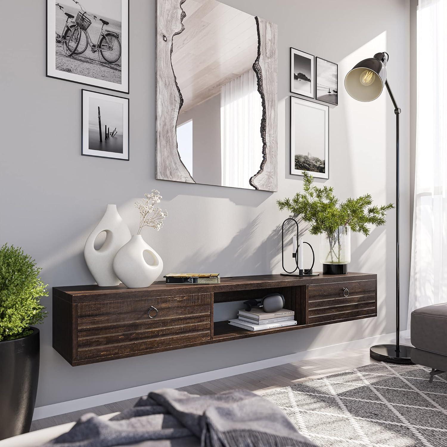 BELLEZE Modern Floating Wall Mounted 63 Inch TV Console With Built-In Shelf & Compartments, Space Saving Decorative Contemporary Media Storage, For Up To 100lbs - Langston (Espresso)