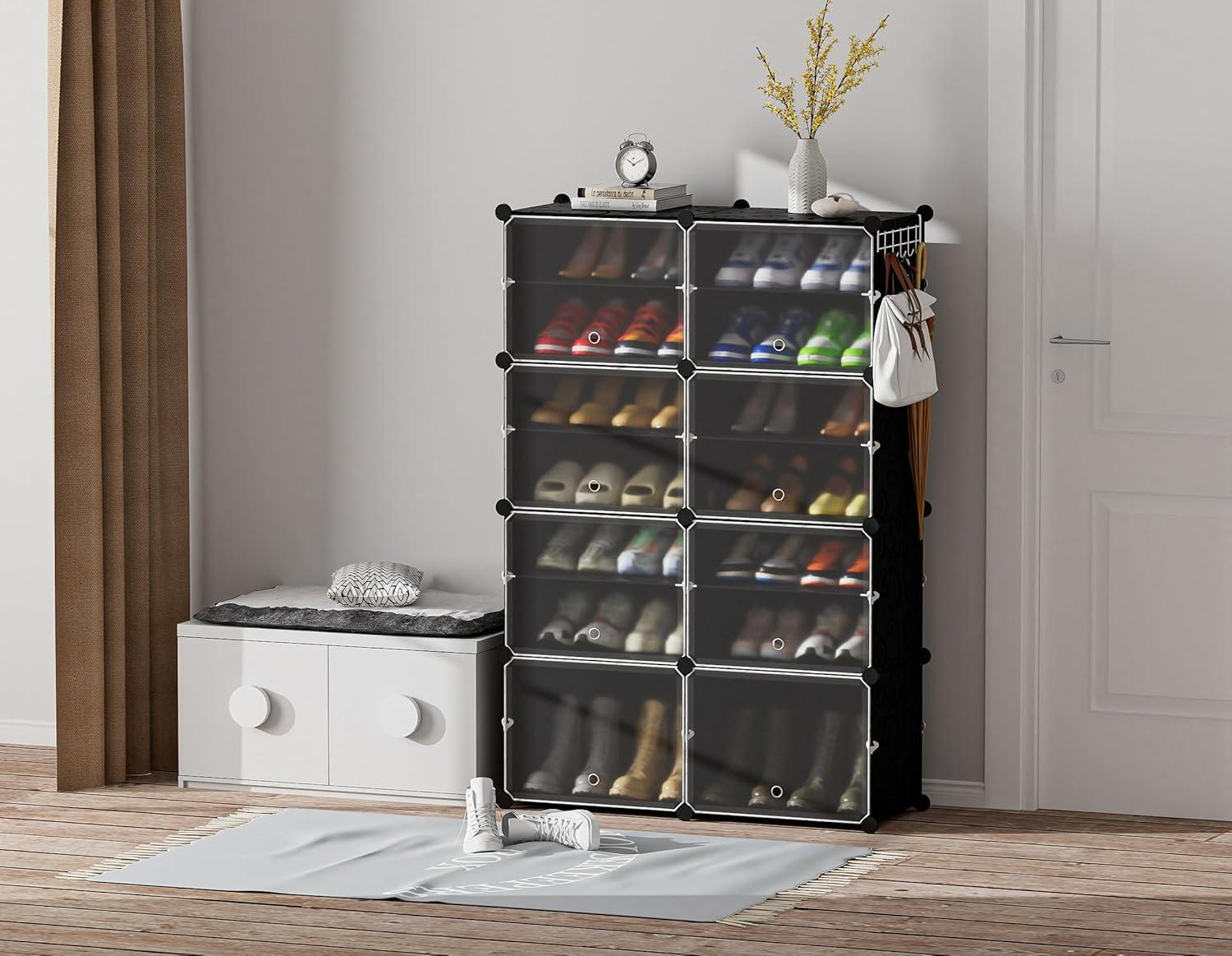 Black 8-Tier Plastic and Metal Shoe Rack with Doors