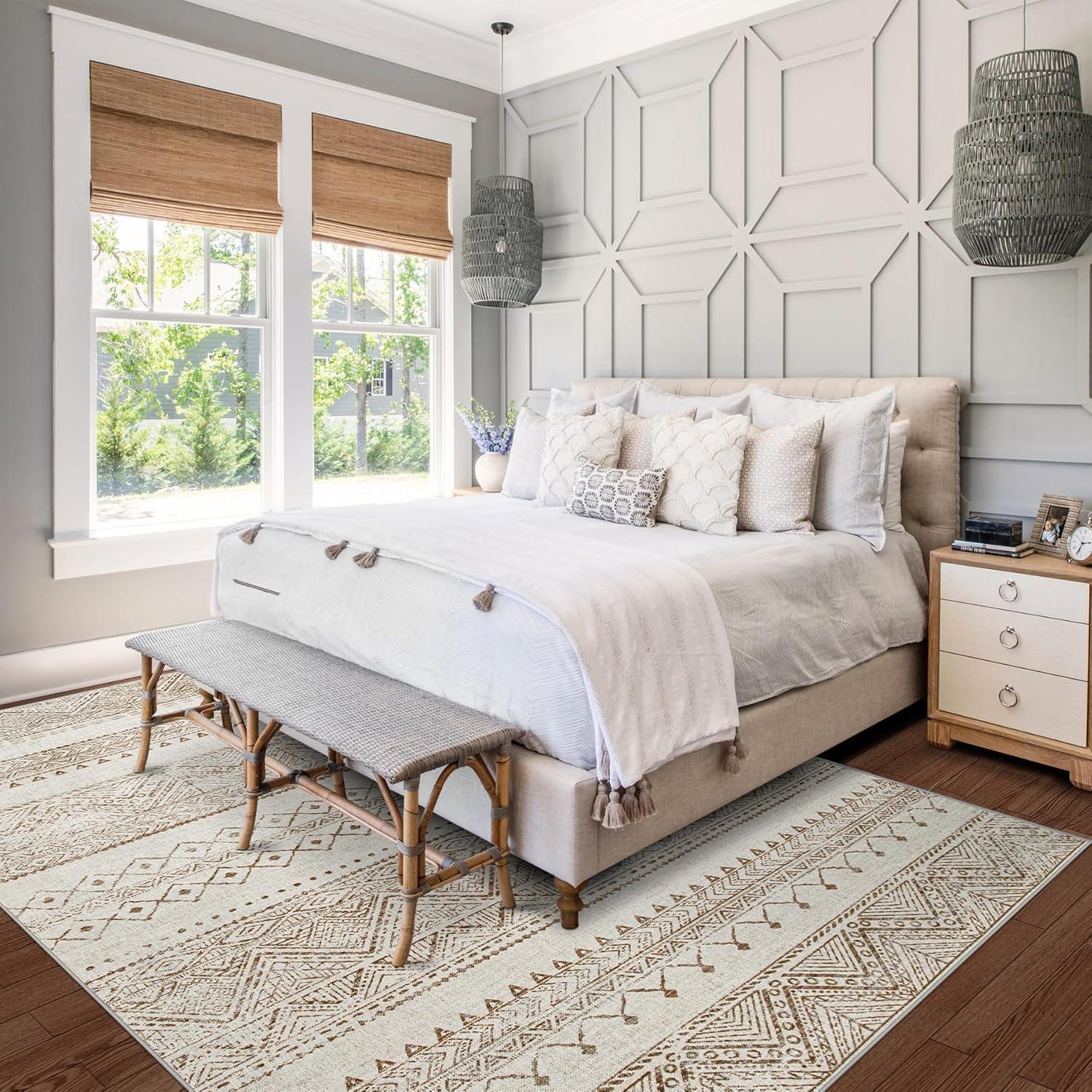 FairOnly 9'x12' Brown White Area Rugs Machine Washable Vintage Rugs for Bathroom Geometric Moroccan Ultra-Thin Area Rugs for Family Room Living Room Carpet