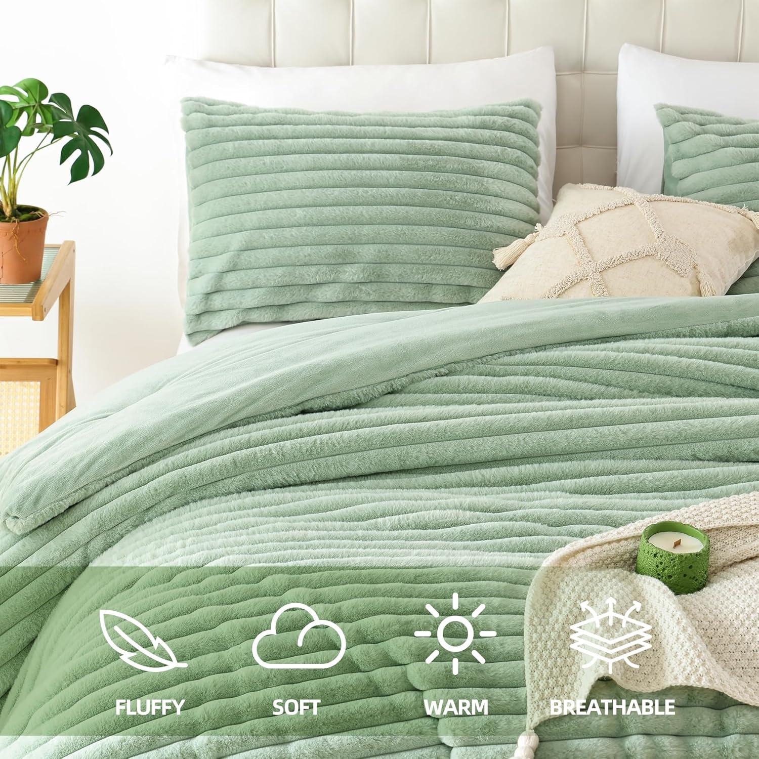 Smoofy Fluffy Twin Comforter Sets 2 Pieces - Sage Green Fleece Fluffy Comforter Set, Luxury Fuzzy Twin Bedding Set, Soft Twin Size Comforter All Season, Heavy Faux Fur Comforter with Pillow Cases
