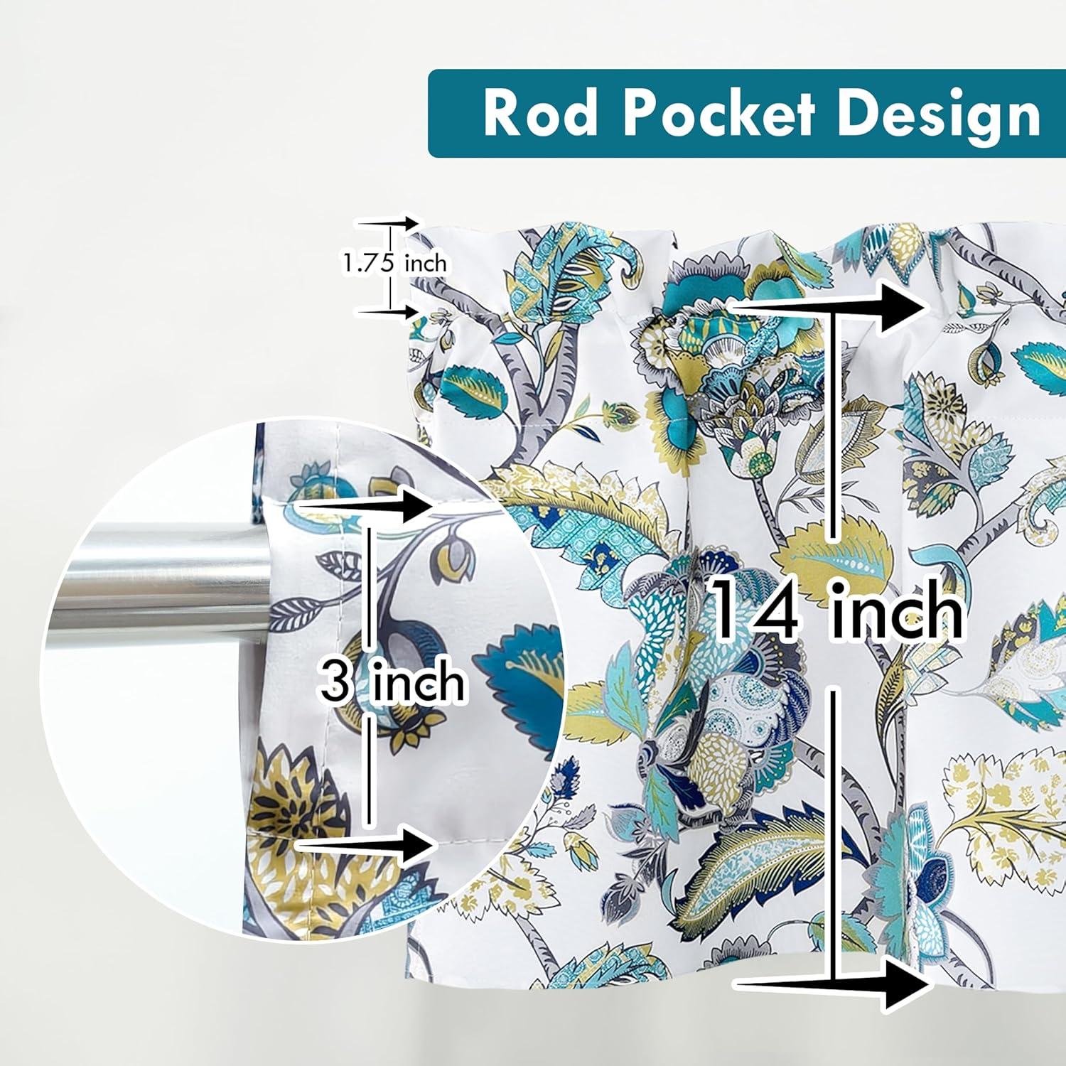 DriftAway Layla Room Darkening Valance for Kitchen Classic America Style Floral Leaves 18 Inch Length Valance for Living Room Bedroom Rod Pocket Window Treatment 52x18 White Seafoam Gray 2 Pack