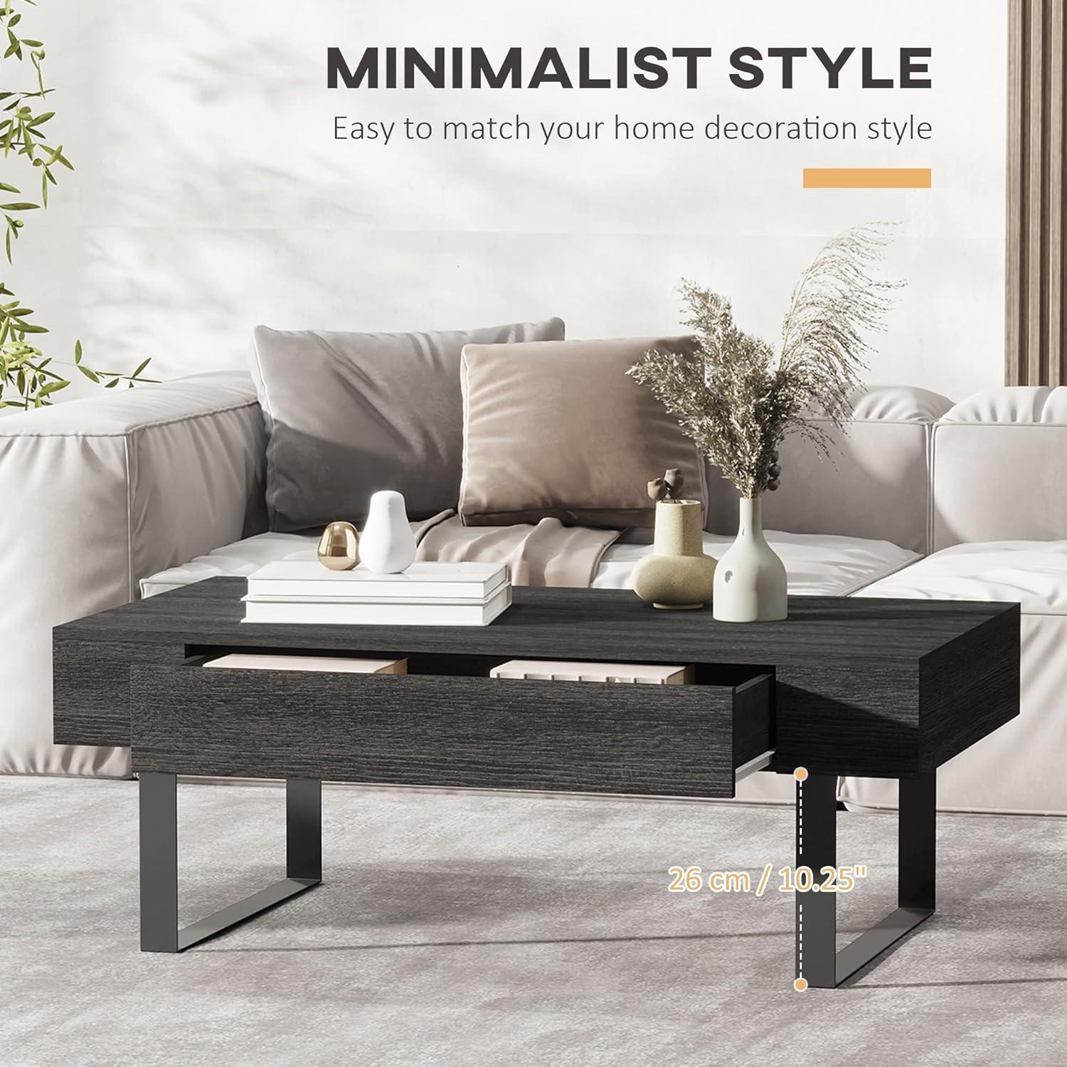 HomCom Industrial Coffee Table with Storage Drawer & Solid Metal Frame, Dark Grey