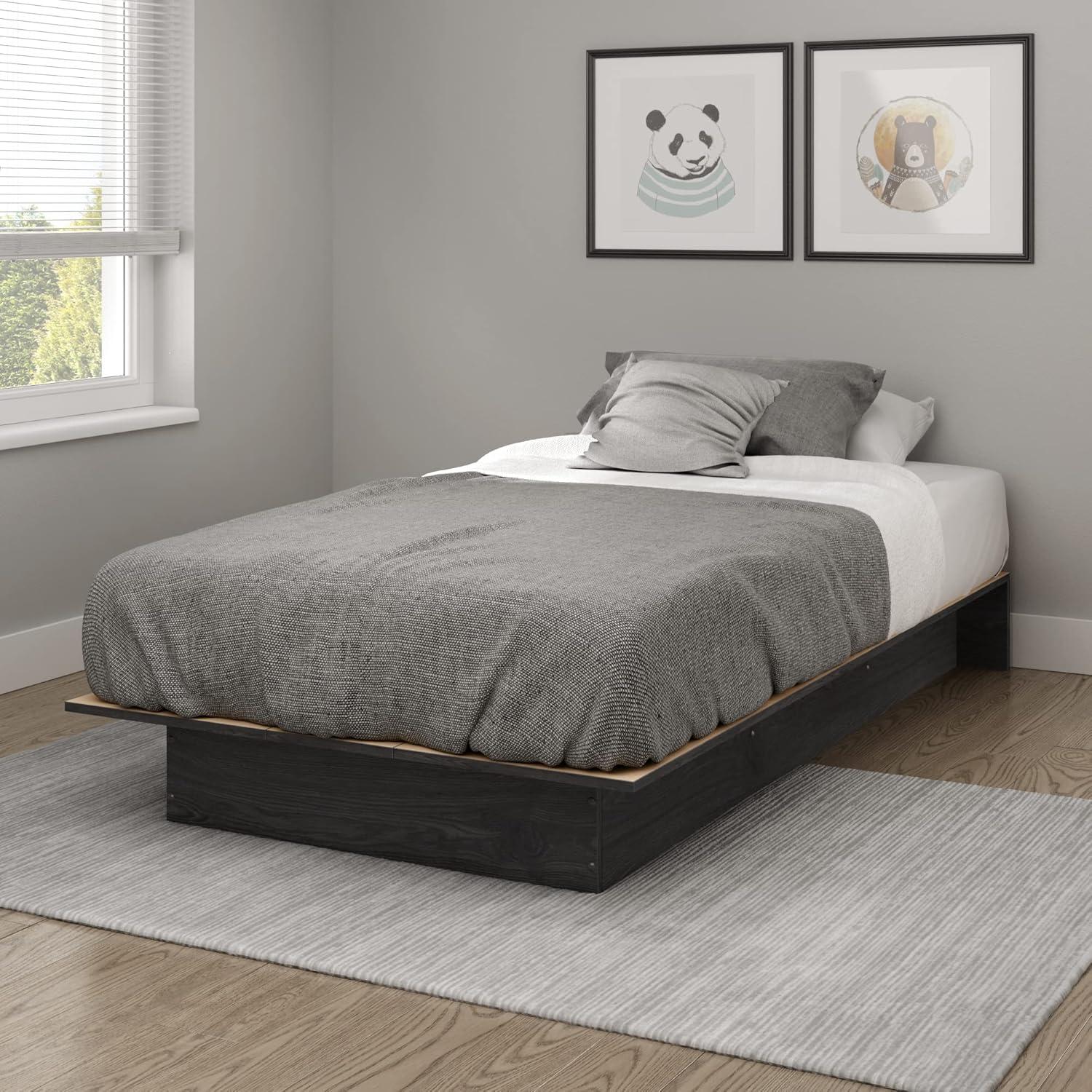 Gray Oak Twin Platform Bed with Drawer and Slats