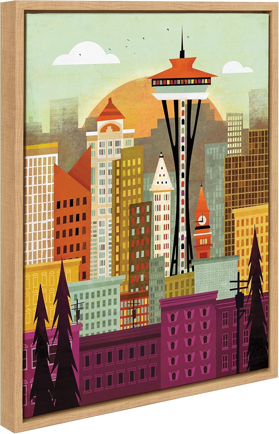 Kate and Laurel Sylvie Seattle Skyline Framed Canvas Wall Art by Amber Leaders Designs, 18x24 Natural, Fun Illustrated City Skyline Art for Wall
