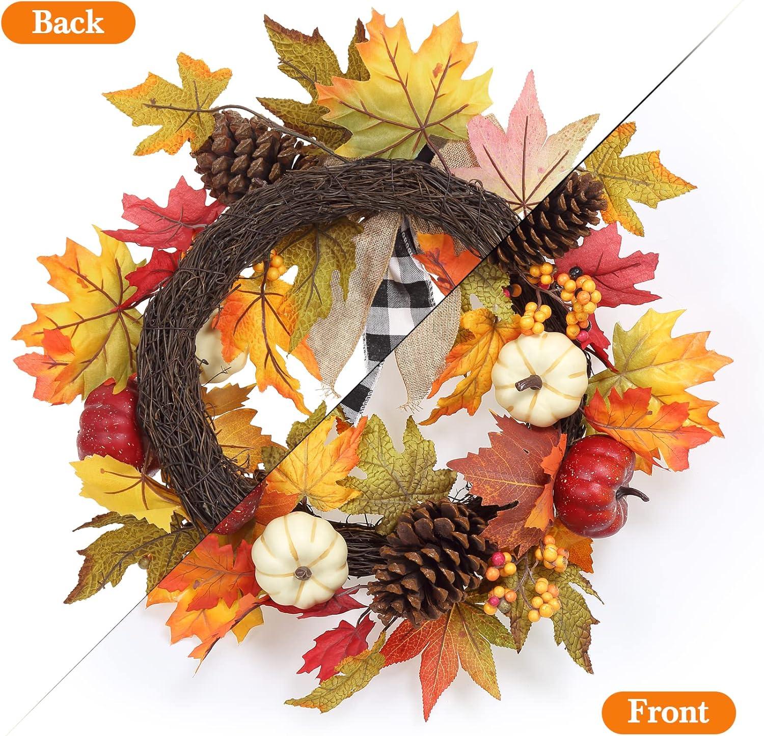 Thanksgiving Wreaths for Front Door,20 Inch Autumn Harvest Wreath with Pumpkin and Maple Leaf Decorations, Perfect for Home Outside Farmhouse Indoor Decor,Black&White Ribbon