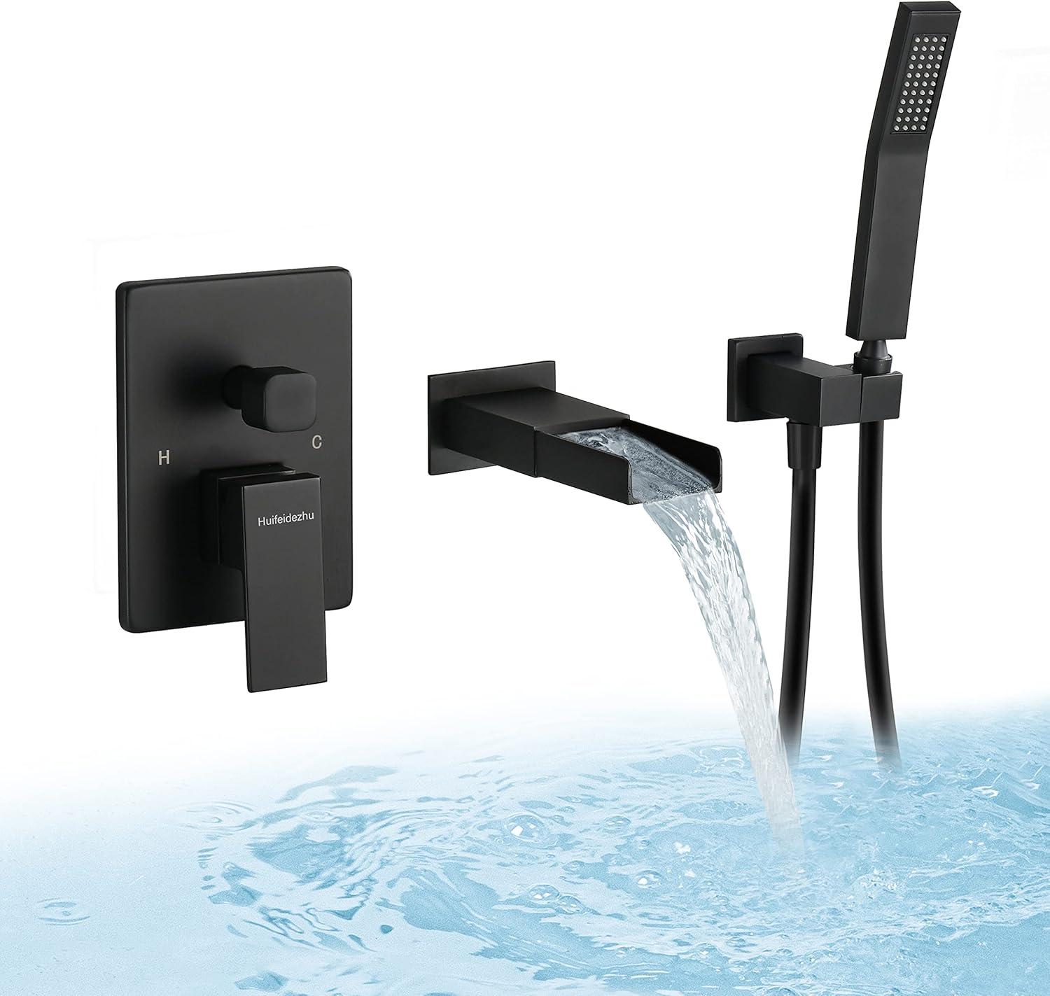 Matte Black Brass Wall Mount Waterfall Tub Faucet with Handheld Shower