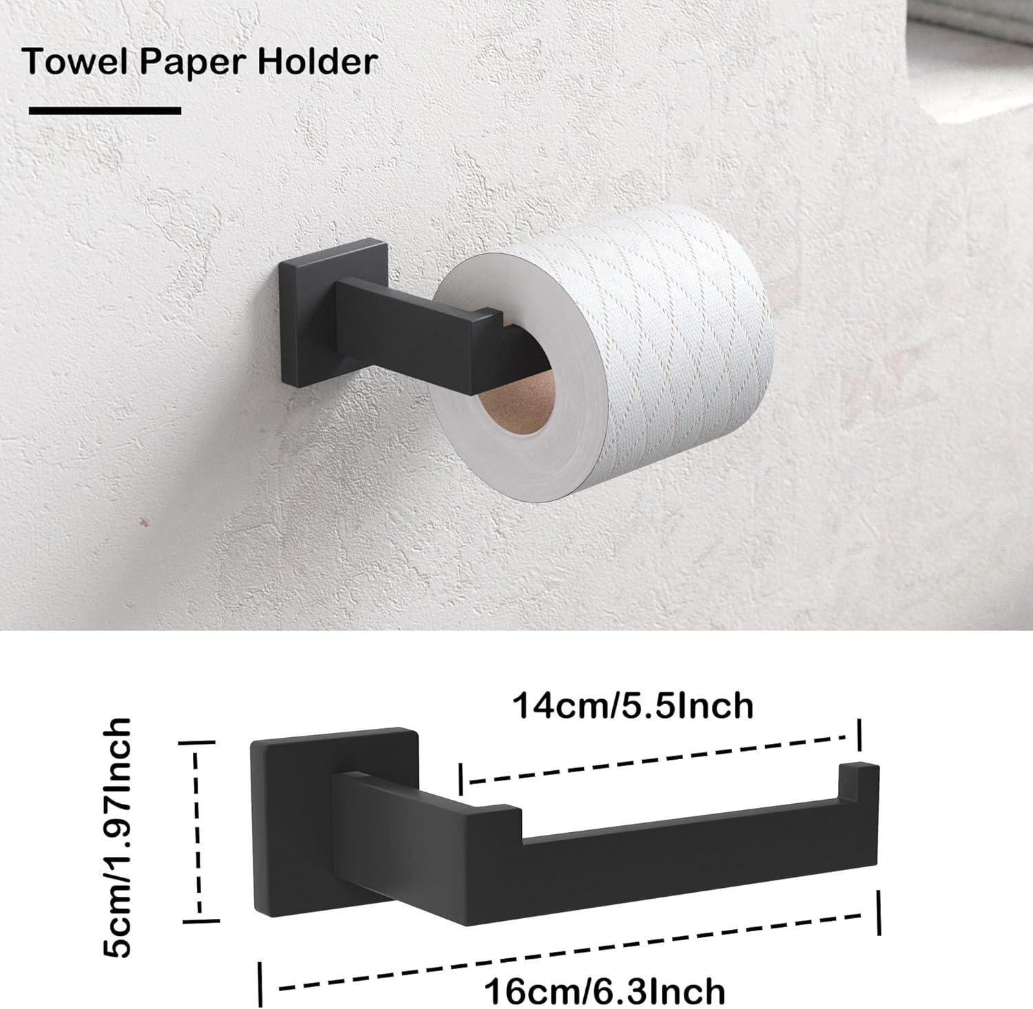 5 Pieces Square Matte Black Stainless Steel Bathroom Accessories Set Include 23.6 in Towel Bar, Toilet Paper Holder, Towel Ring, 2 Robe Towel Hooks