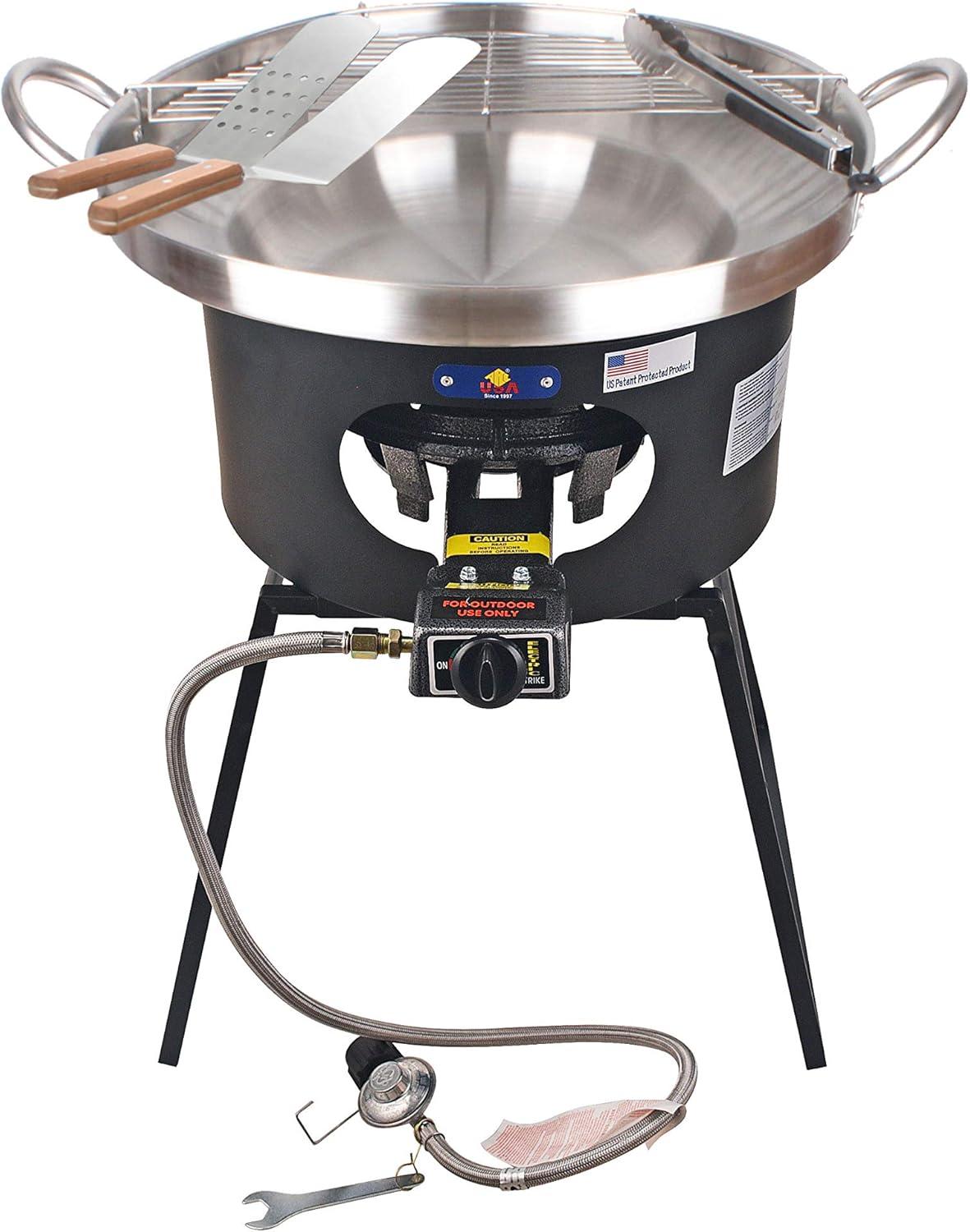 ARC 23" Heavy Duty Stainless Steel Concave Comal Set With Cast Iron Propane Burner 30,000BTU Stove and Burner Stand,Discada Disc Cooker 3 in 1. Great For Backyard Parties & Outdoor Cooking.