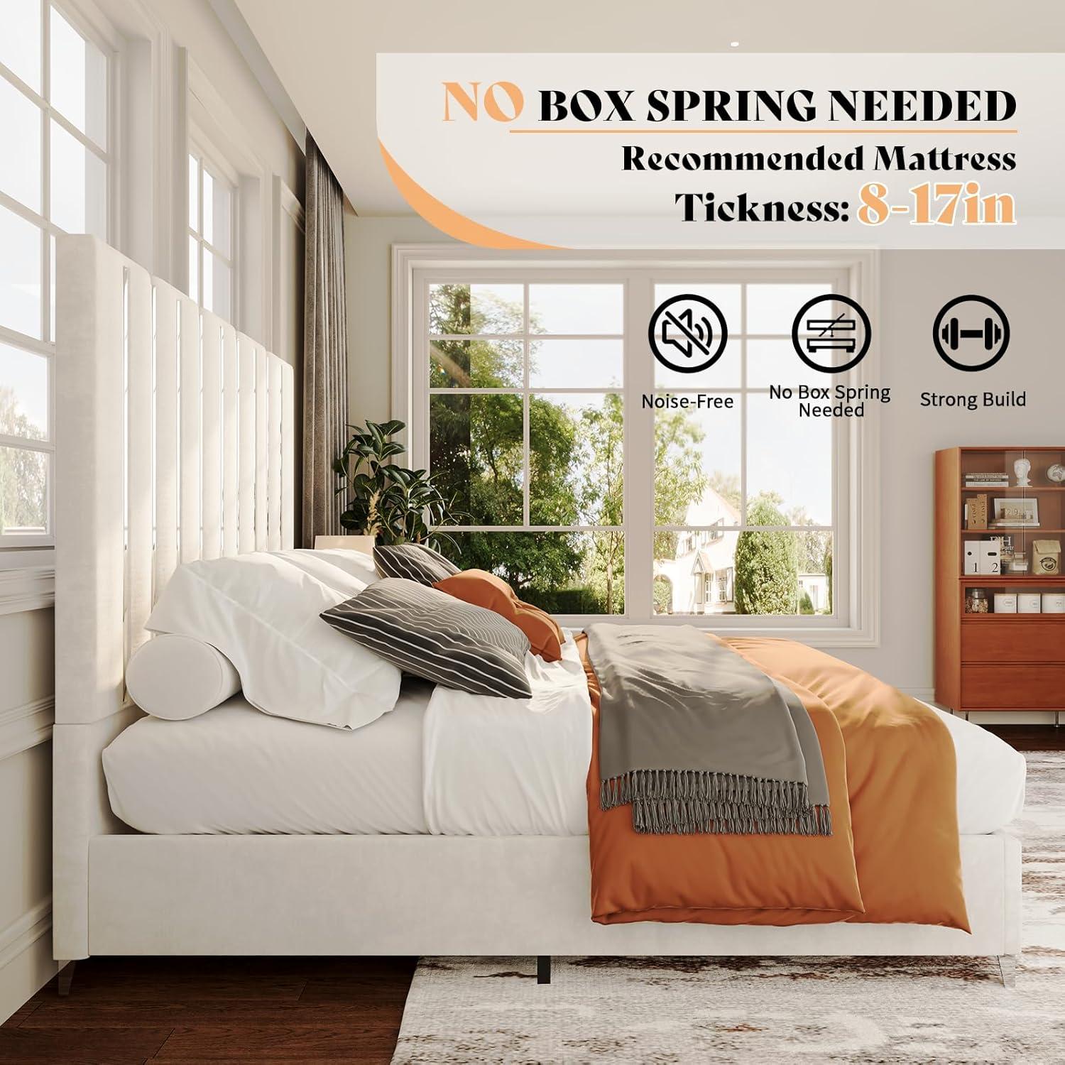 Merluxy King Size Bed Frame with 58" Tall Headboard, Velvet Upholstered Platform Bed with Channel Tufted Wingback Headboard and Plating Trim, Cream