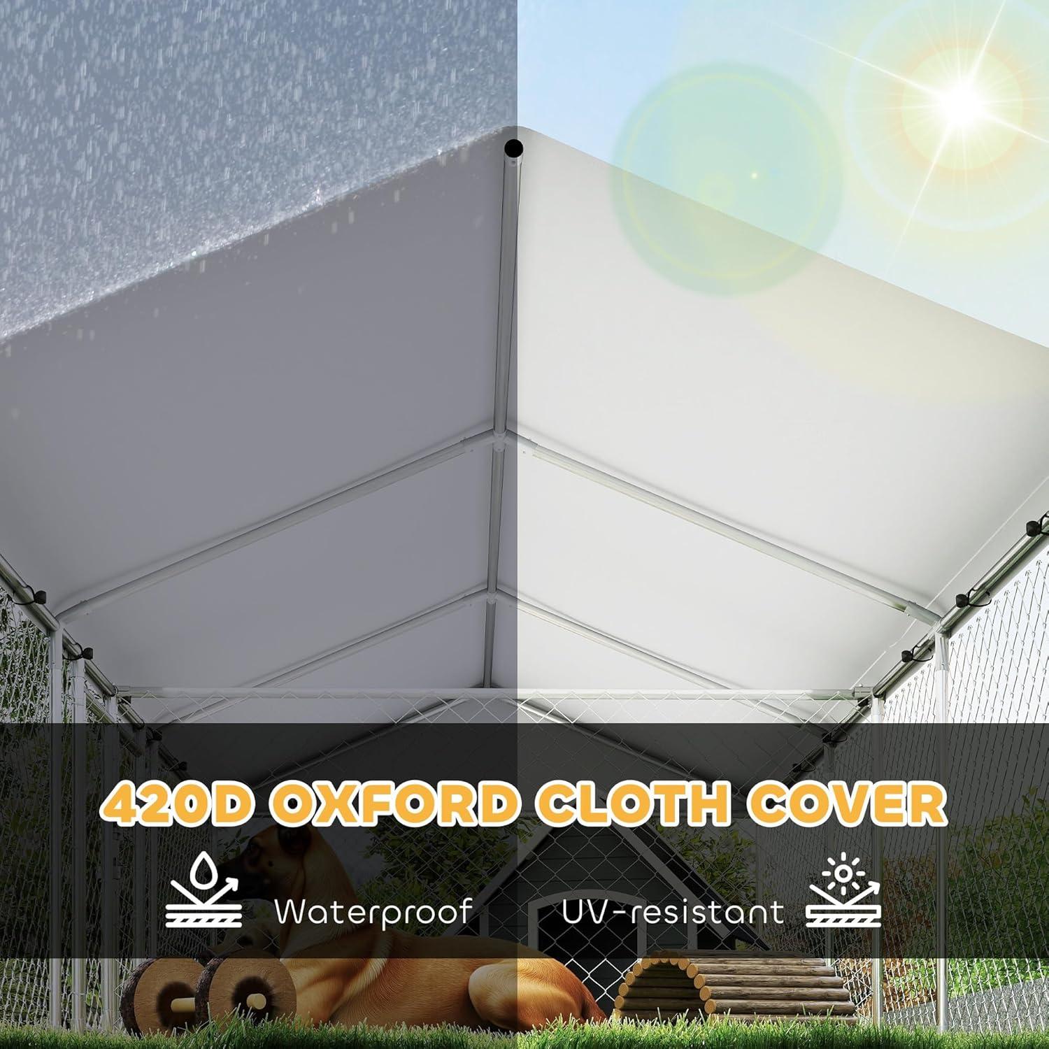 Pawhut Two Room Outdoor Dog Kennel with Roof, 19.7' x 7.5' x 5.2' Dog Kennel Outside Heavy Duty Pet Enclosure Run Fence with Waterproof UV-Resistant Cover, Secure Lock, for Small to Large Breeds