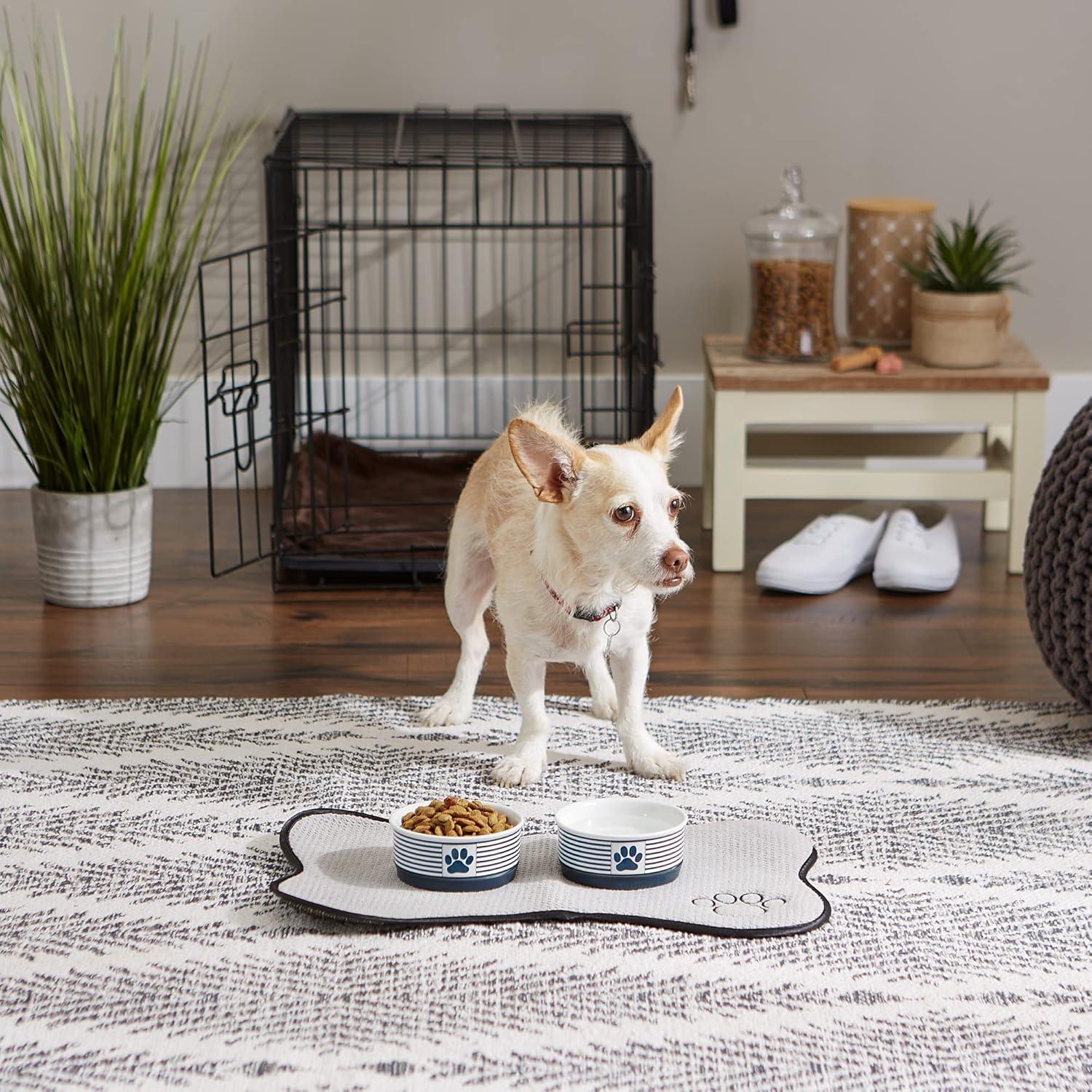 Small Nautical Blue Ceramic Pet Bowls with Paw Print, Set of 2