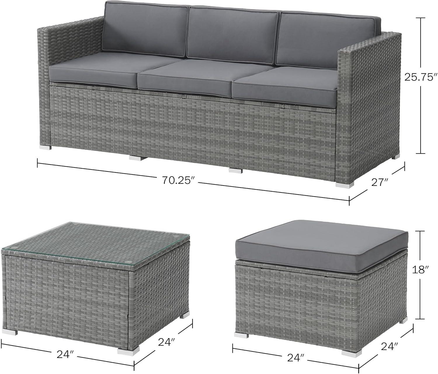 Patio Furniture Set – 3-Piece Rattan Outdoor Sofa, Ottoman, and Table Combo for Deck, Pool, Sunroom or Backyard Furniture by Lavish Home (Gray/Blue)