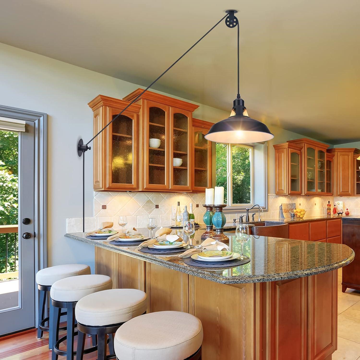 Plug in Pendant Light, Hanging Lamp with Black Barn Pendant Lighting with 14.76ft Cord On/Off Switch, Adjustable Pulley Hanging Pendant Lighting for Kitchen Bedroom Restaurant 2 Pack