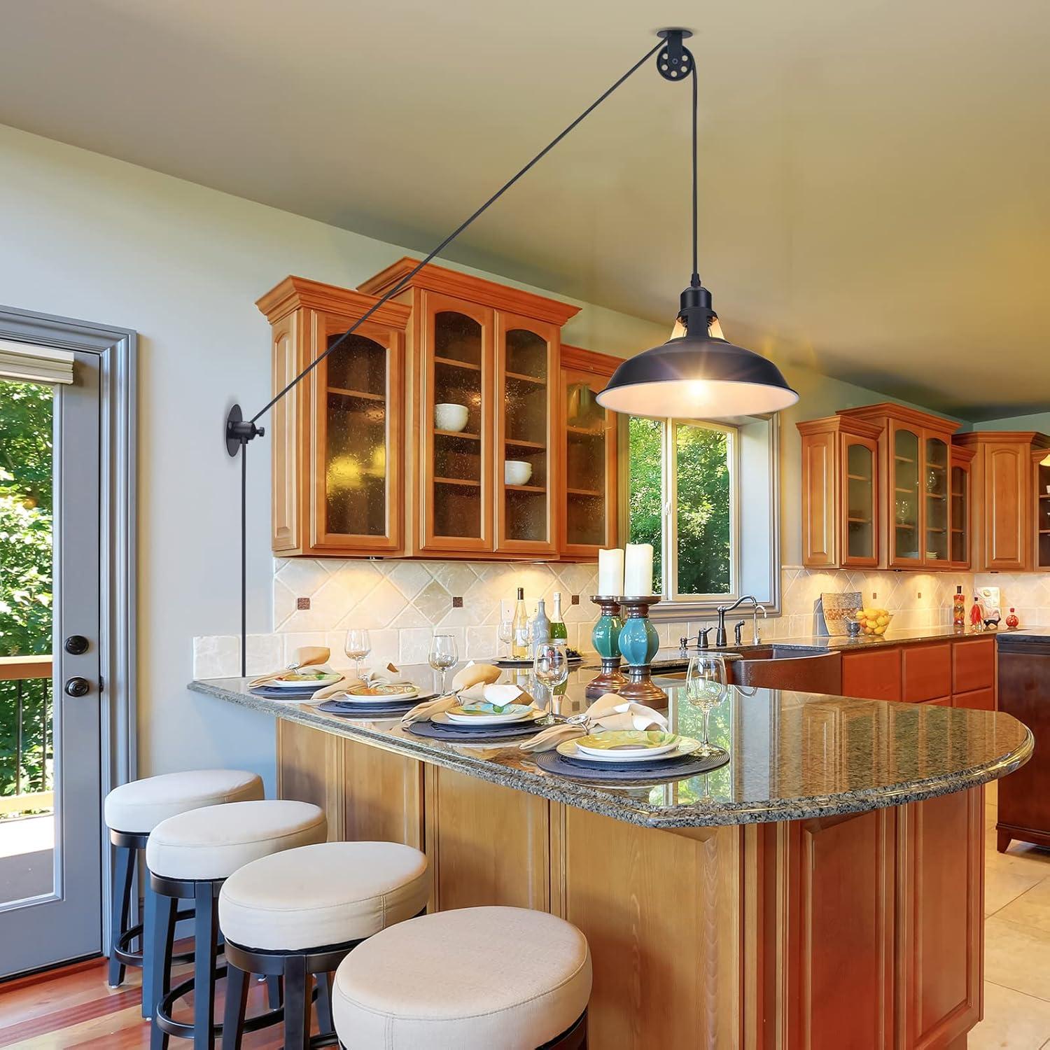 Plug in Pendant Light, Hanging Lamp with Black Barn Pendant Lighting with 14.76ft Cord On/Off Switch, Adjustable Pulley Hanging Pendant Lighting for Kitchen Bedroom Restaurant 2 Pack