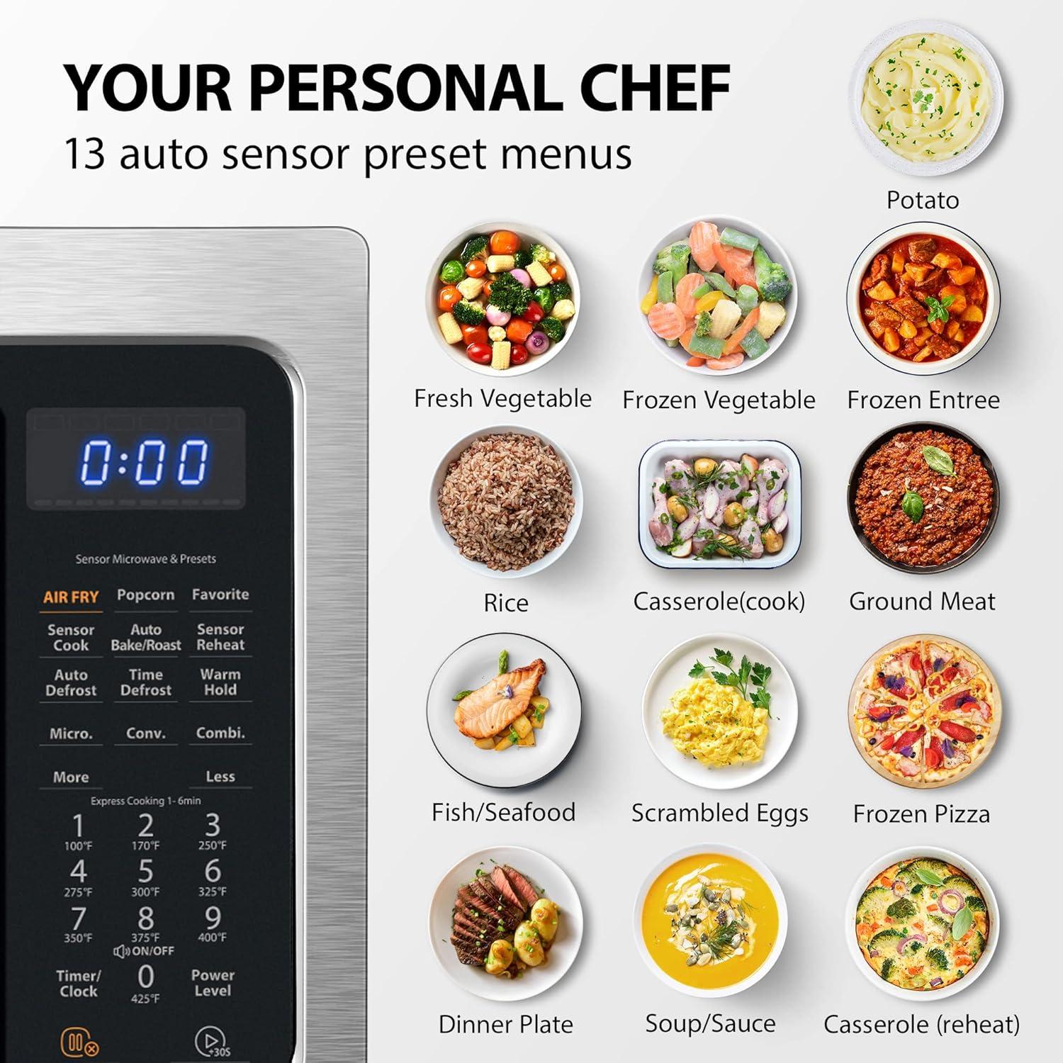 Toshiba Air Fryer Combo 4-in-1 Countertop Microwave Oven, Smart Sensor, Convection, Mute Function, Position Memory 13.6" Turntable, 1.5 Cu Ft, 1000W, Silver, ML-EC42P(SS)