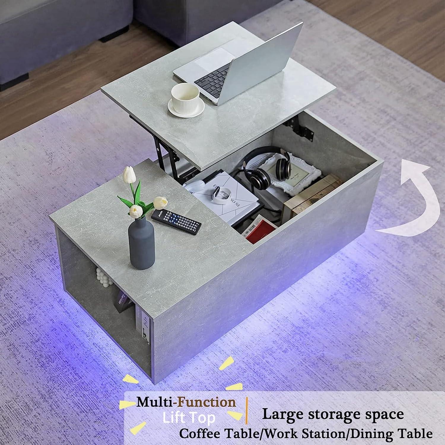 Grey Lift-Top Coffee Table with LED Lights and Storage