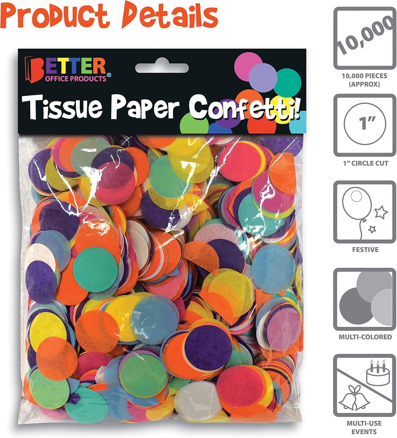 Tissue Paper Confetti, 1 Inch Circles, 10,000 Pieces, 3.5 Ounces, Multicolor Rainbow Confetti Dots, 8 Fun & Complementing Colors, by Better Office Products
