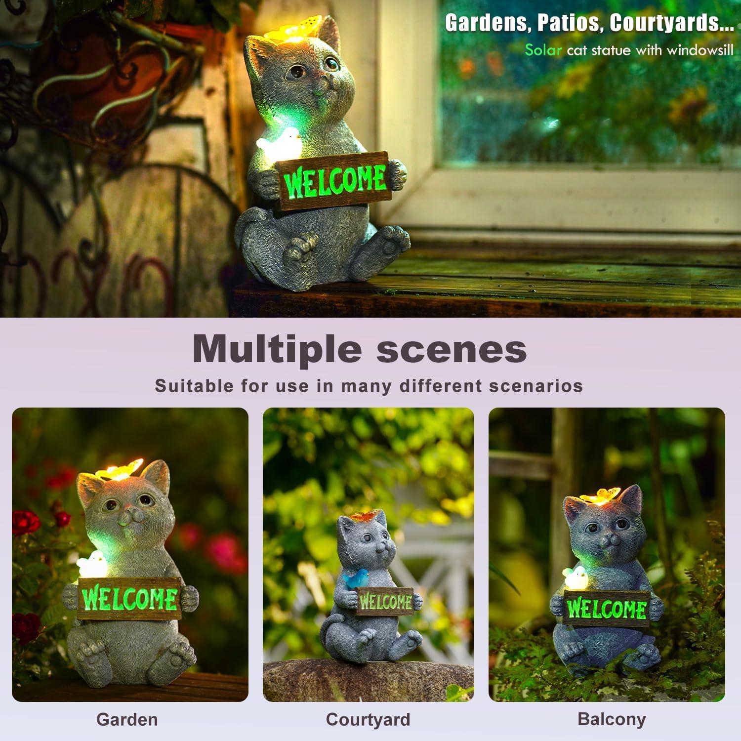 Trinx Solar Cat Figurine Garden Statues : Outside Welcome Cat Statue With Butterfly For Garden Decor And Yard Decorations - Unique Gifts