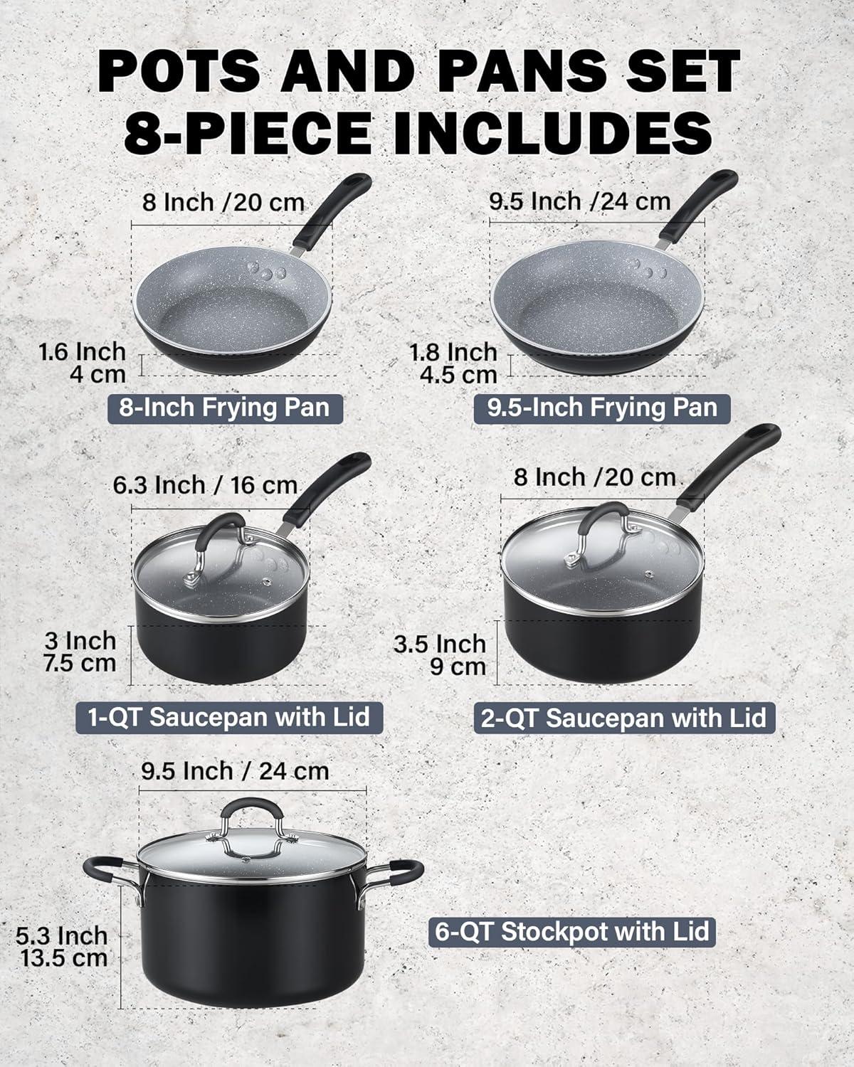 8-Piece Gray Nonstick Aluminum Cookware Set with Glass Lids