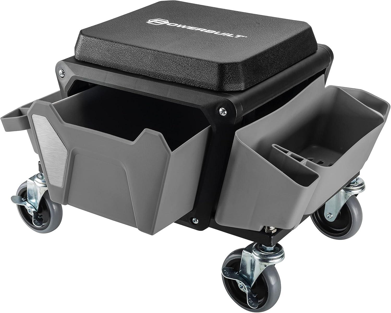 Powerbuilt Rolling Utility Seat with Side Trays and Drawer