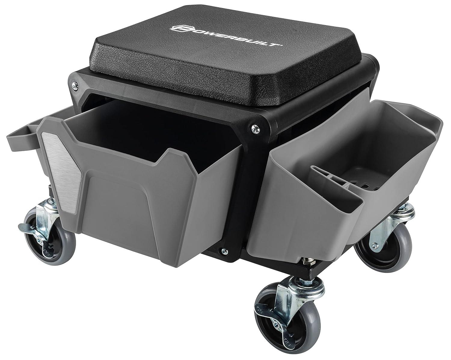 Powerbuilt Rolling Utility Seat with Side Trays and Drawer
