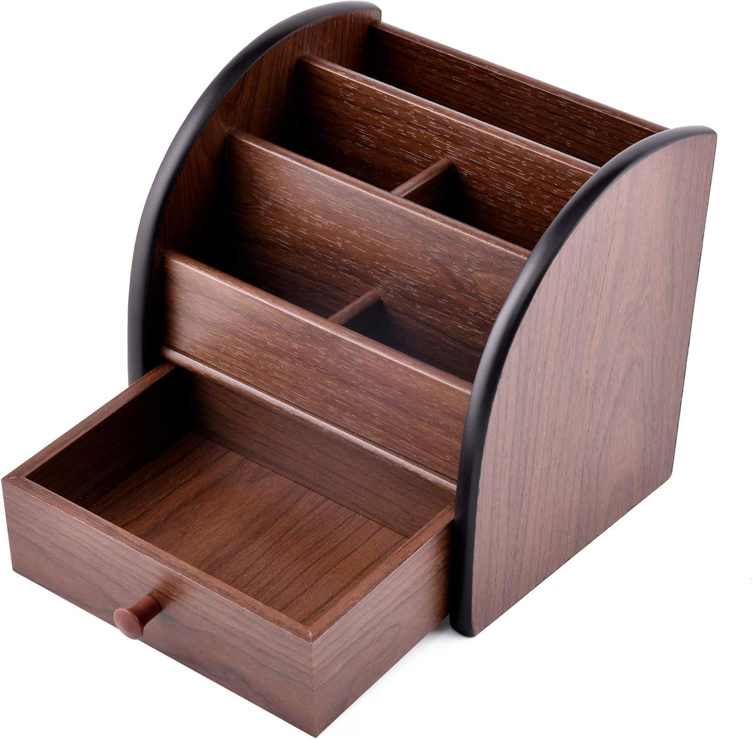 Wooden Desktop Organizer with Drawer, Multifunctional Office Supply Storage - Remote Control Caddy Holder