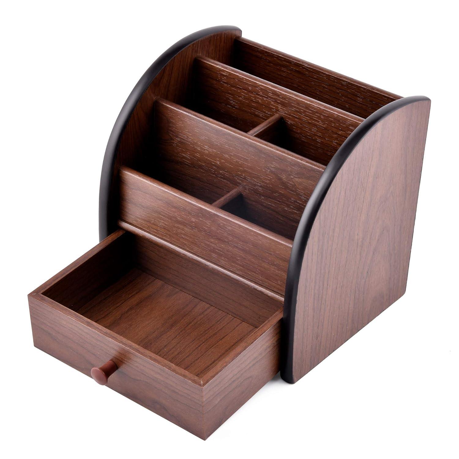 Wooden Desktop Organizer with Drawer, Multifunctional Office Supply Storage - Remote Control Caddy Holder