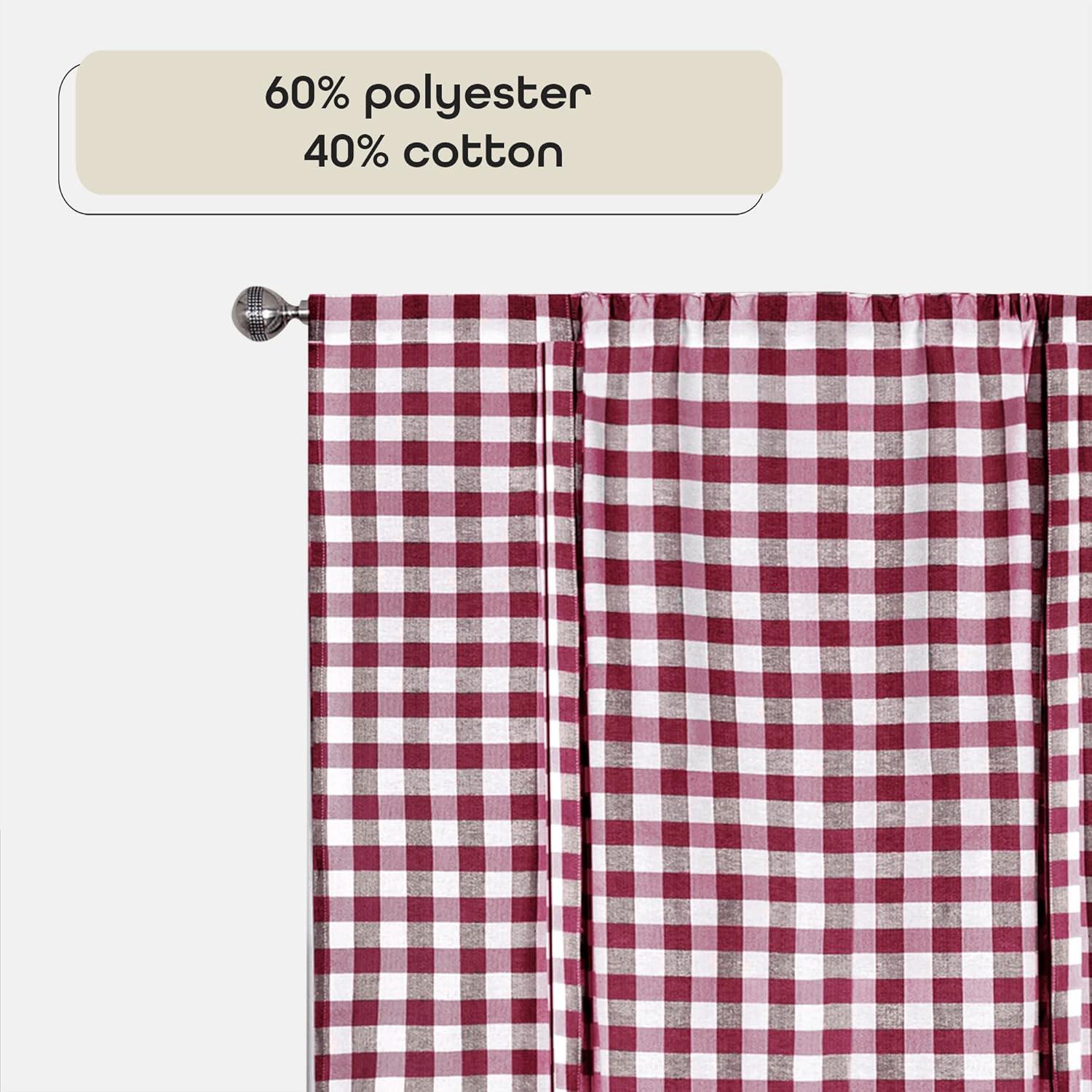 Buffalo Check Plaid Gingham Tie-Up Window Single Curtain, 42" x 63", Burgundy