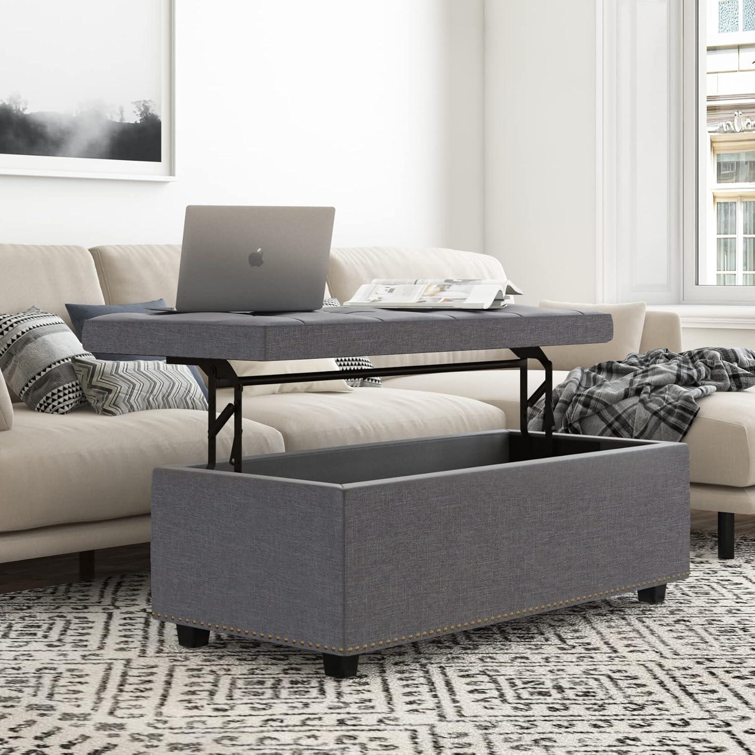Simpli Home Hamilton 44"W Upholstered Lift-Top Storage Ottoman with Nailhead Trim and Tufted Detailing